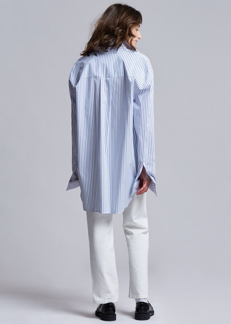 Pinstripe Statement Cuff Shirt in White/Cobalt - 7