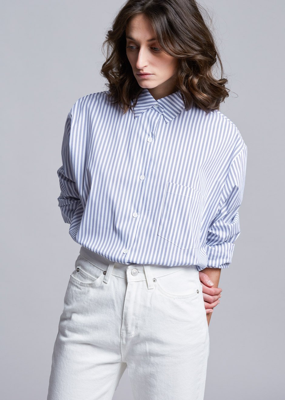 Pinstripe Statement Cuff Shirt in White/Cobalt