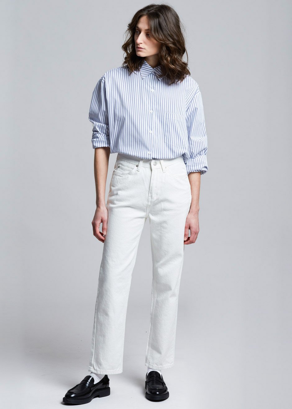Pinstripe Statement Cuff Shirt in White/Cobalt - 5