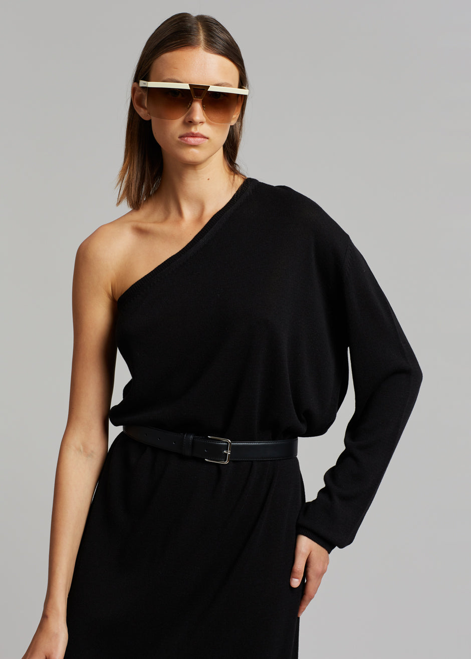 Lina One Shoulder Loose Knit Dress - Black - 2