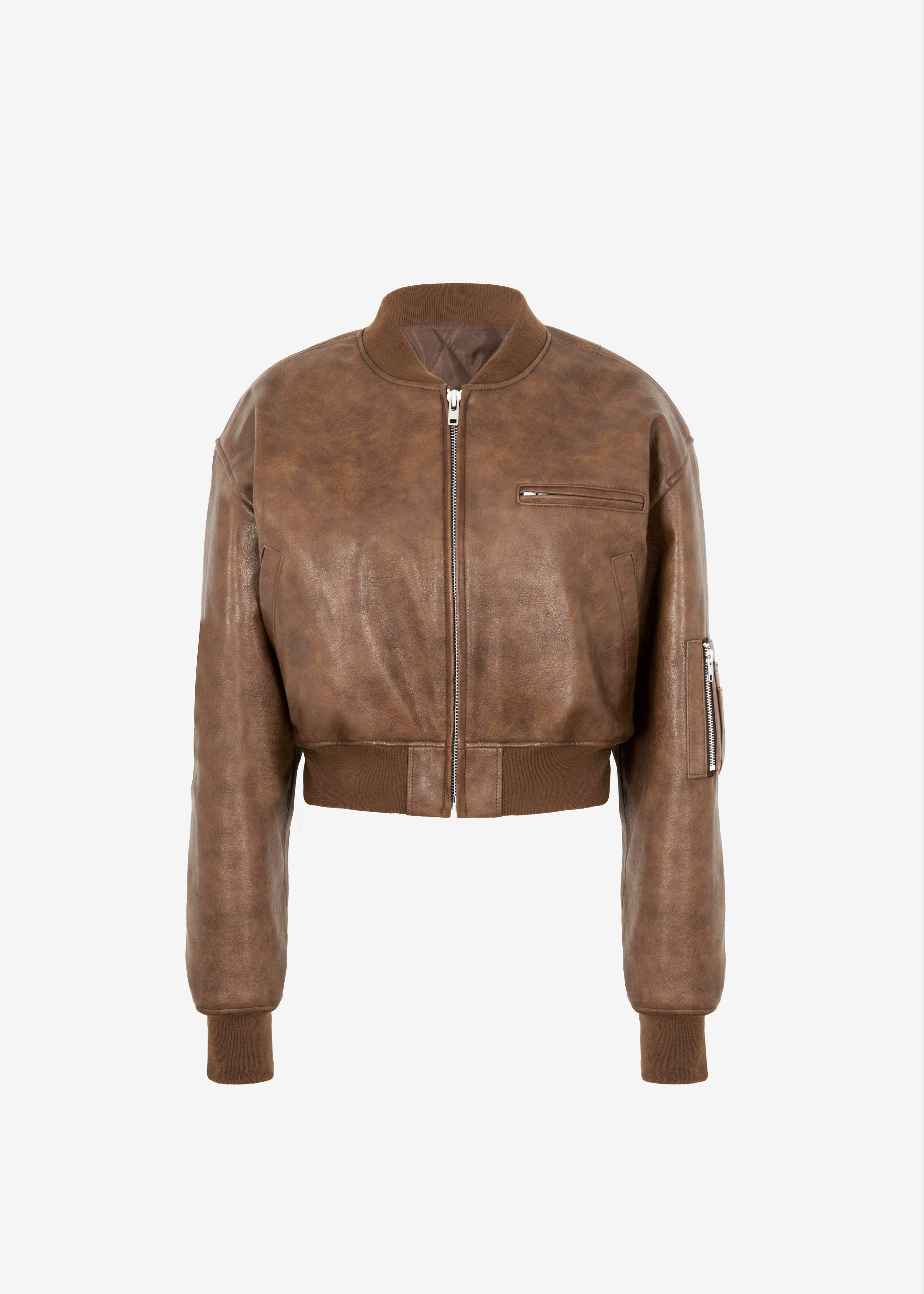 Gae Faux Leather Cropped Bomber - Brown - 24