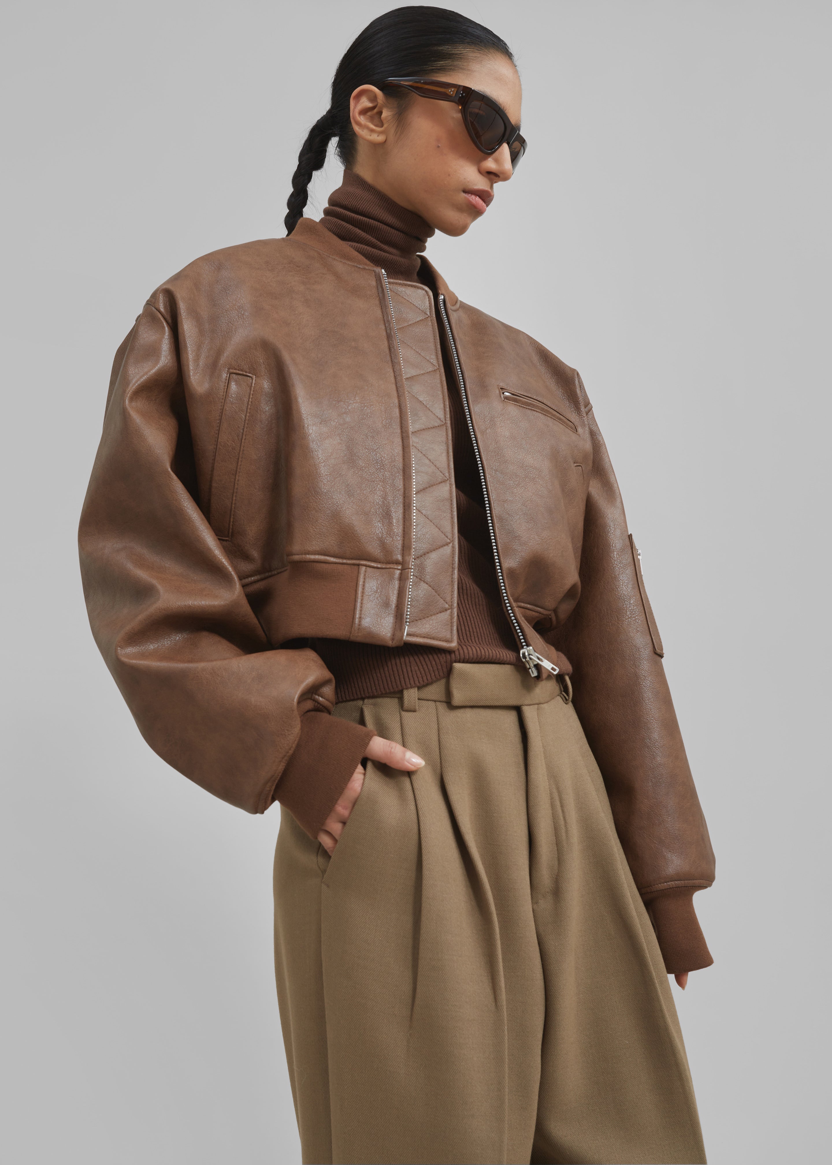 Gae Faux Leather Cropped Bomber - Brown - 3