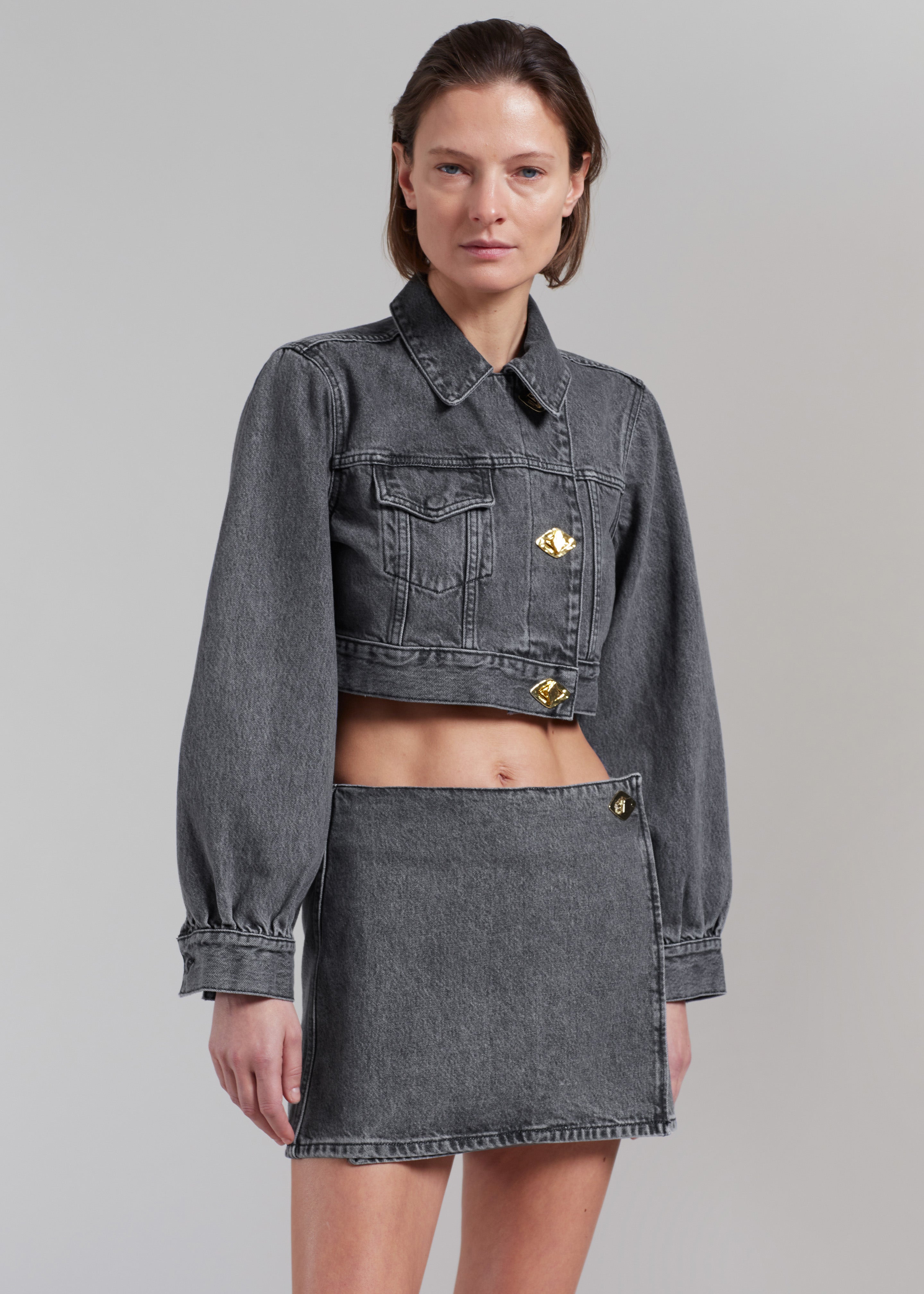 GANNI Black Washed Denim Cropped Trucker Jacket - Sharkskin