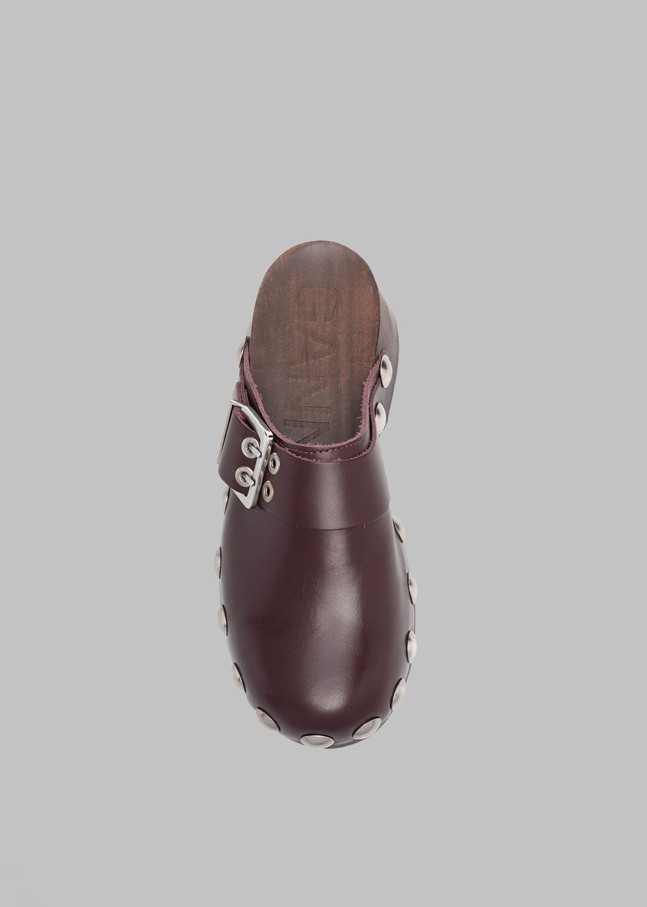 GANNI Studded Leather Clogs - Burgundy - 5