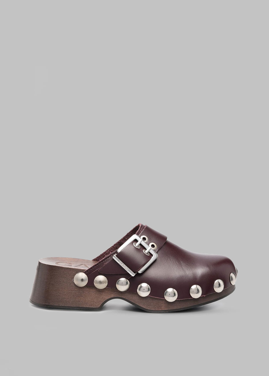 GANNI Studded Leather Clogs - Burgundy - 1