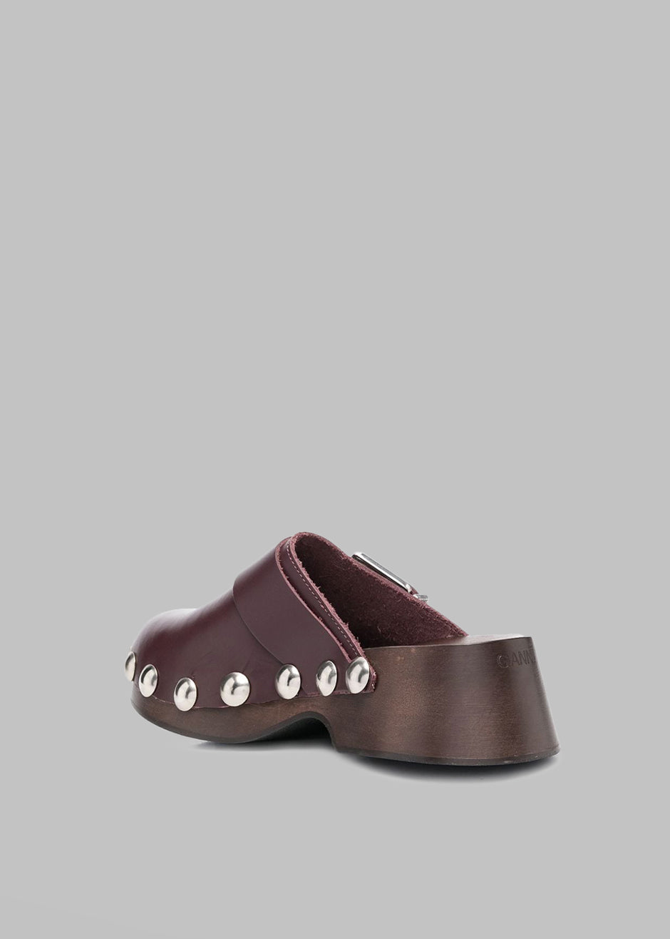 GANNI Studded Leather Clogs - Burgundy - 6