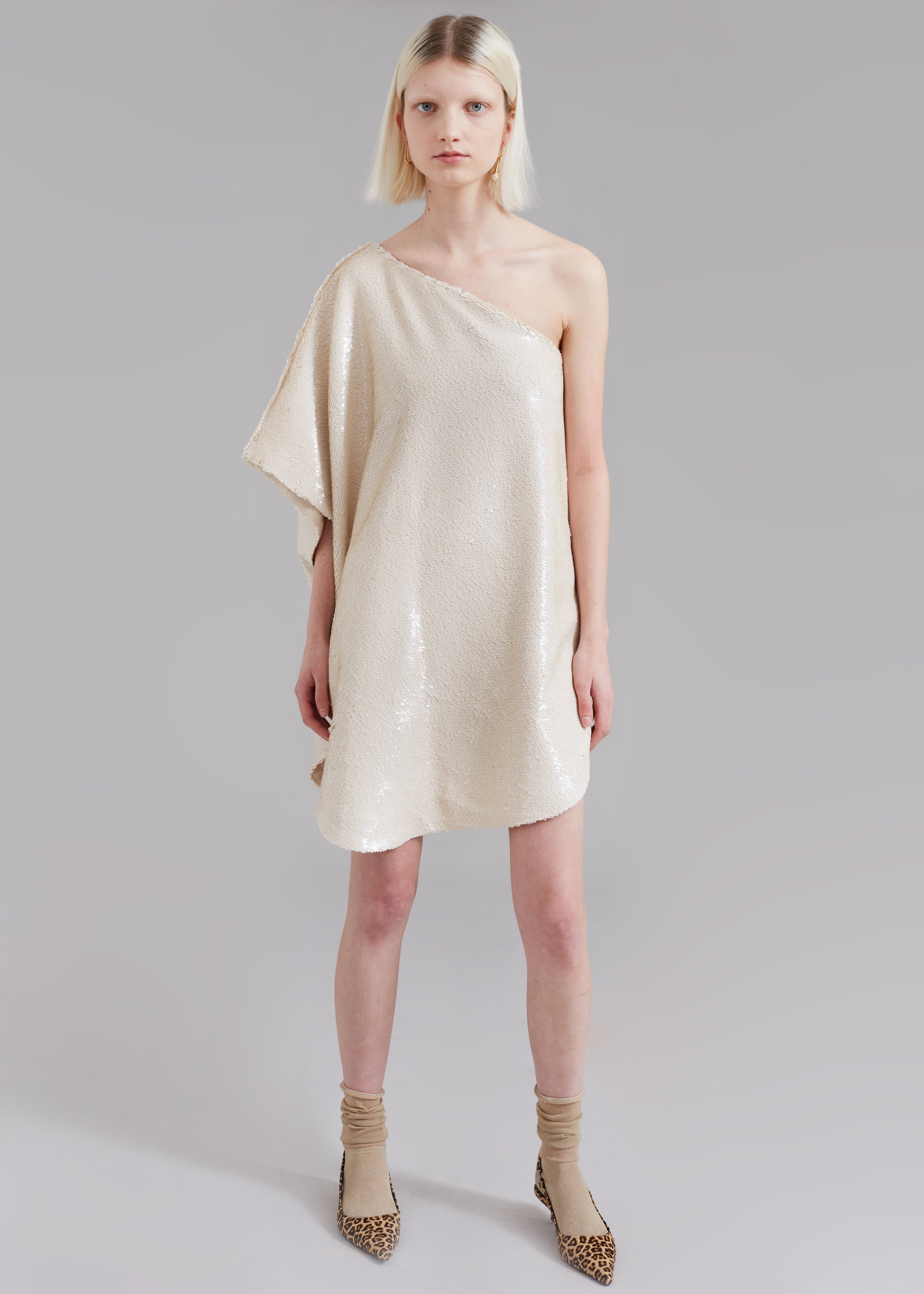 Gloria Sequins One Shoulder Dress - Cream - 2