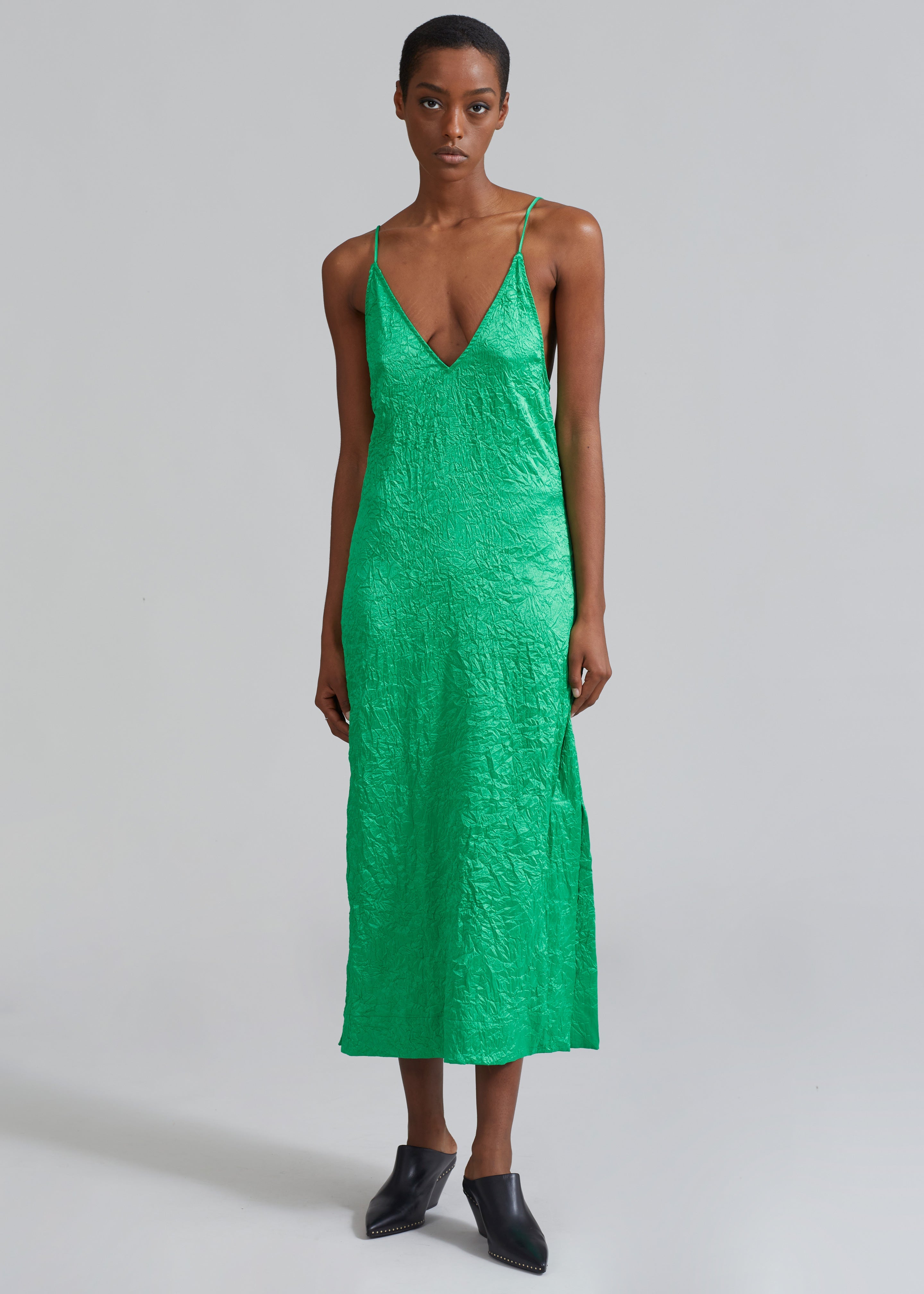 GANNI Crinkled Satin Slip Dress - Bright Green - 1