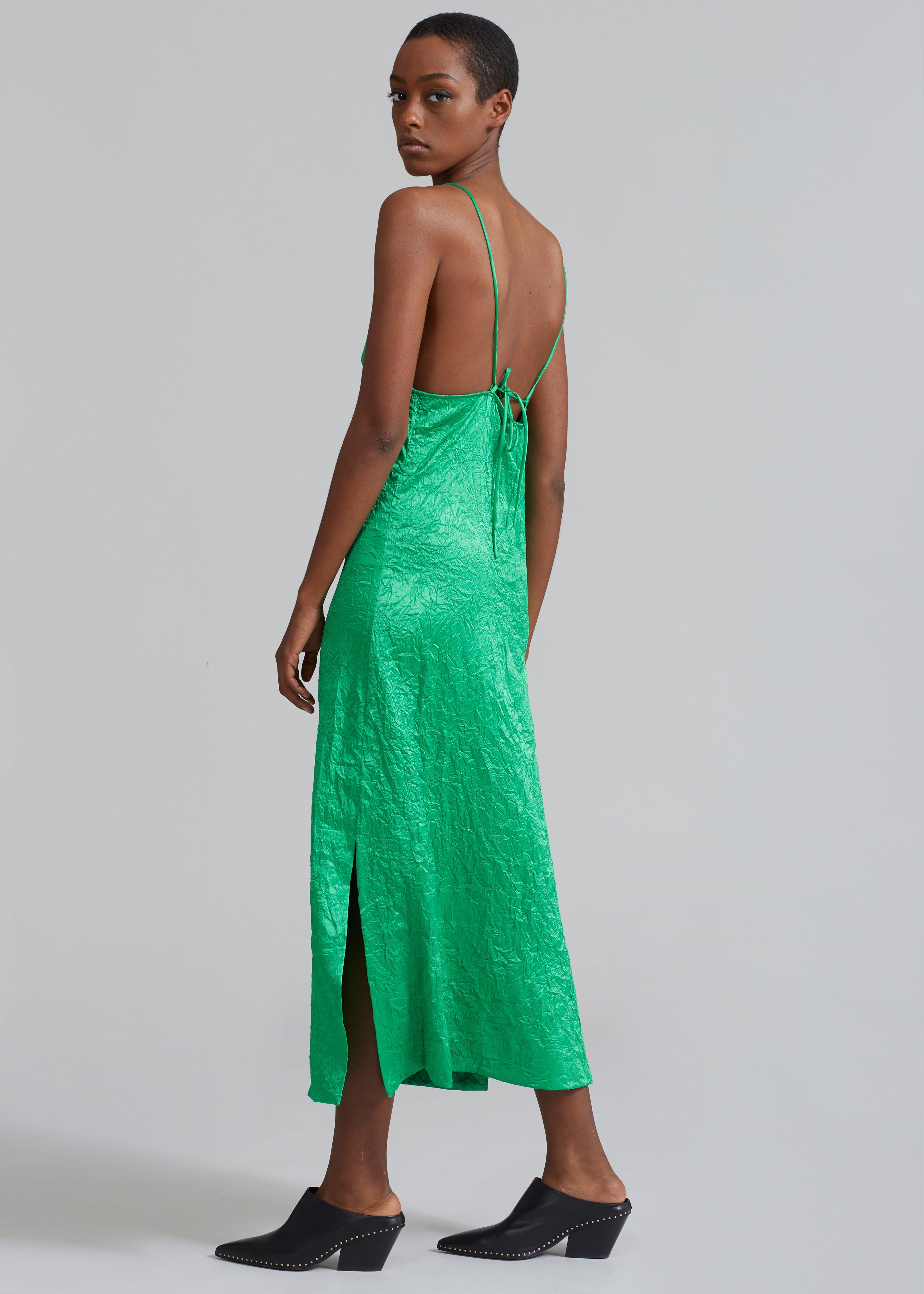 GANNI Crinkled Satin Slip Dress - Bright Green - 2