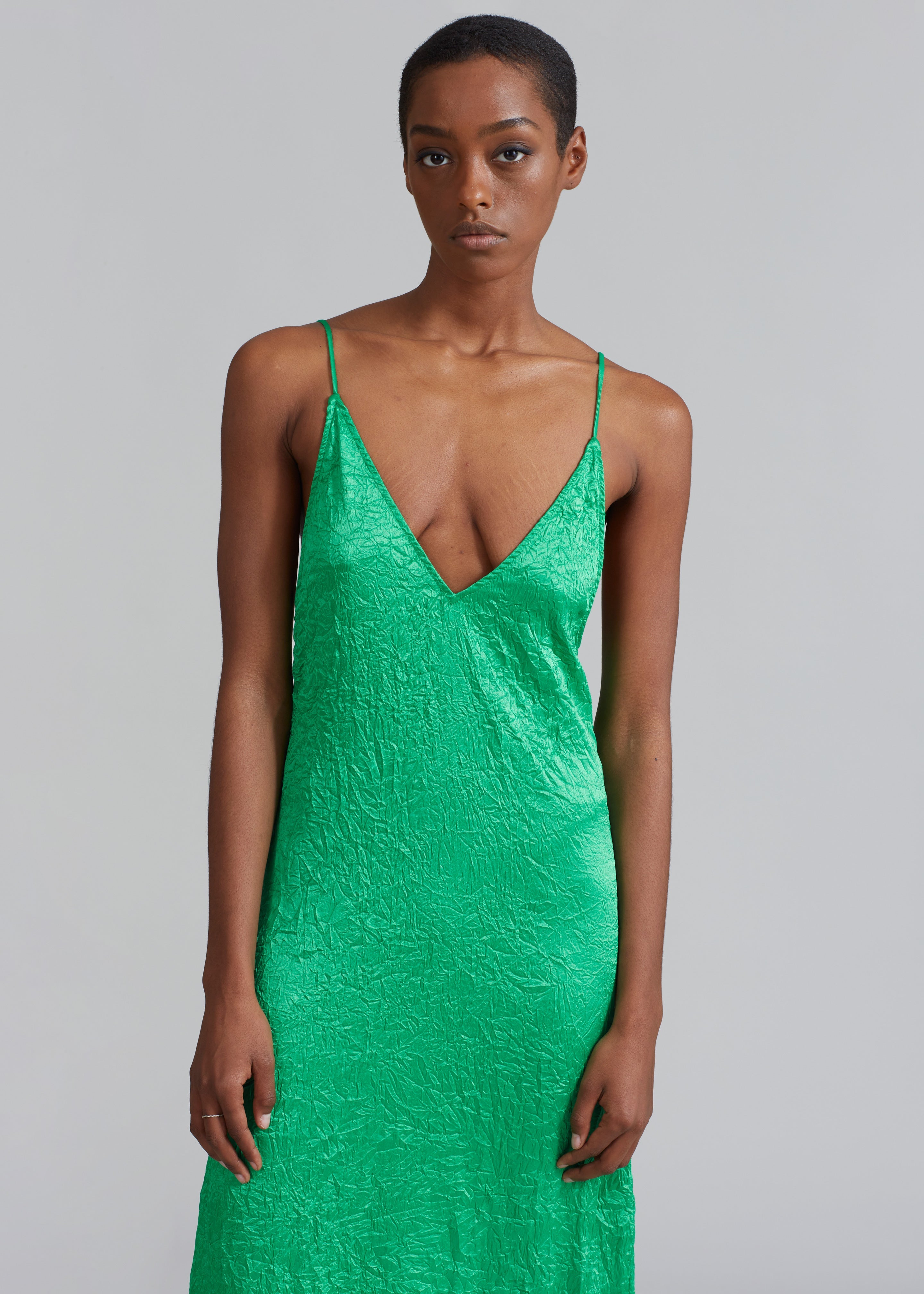 GANNI Crinkled Satin Slip Dress - Bright Green - 3