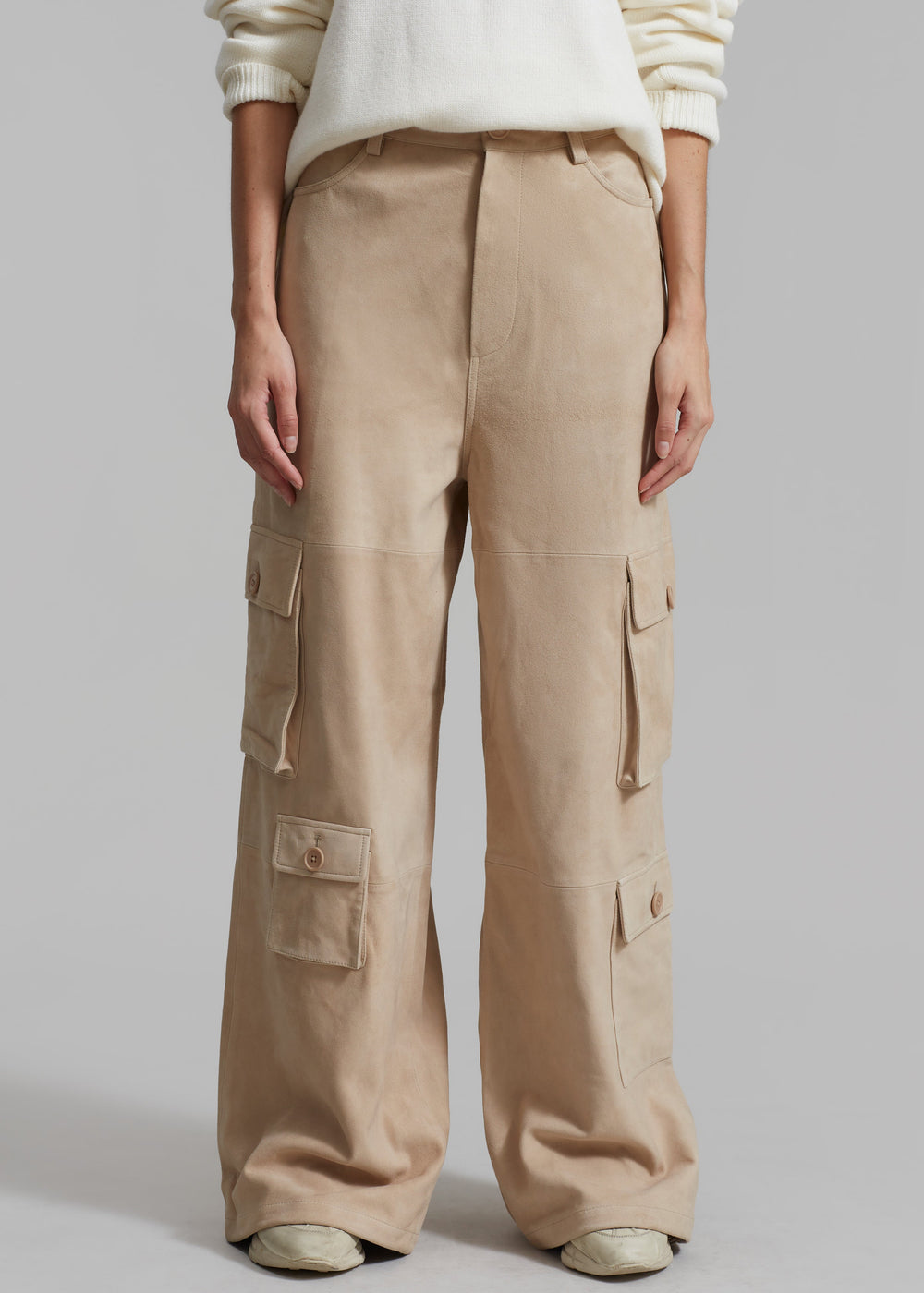 Hailey Suede Oversized Cargo Pants - Beige - 1