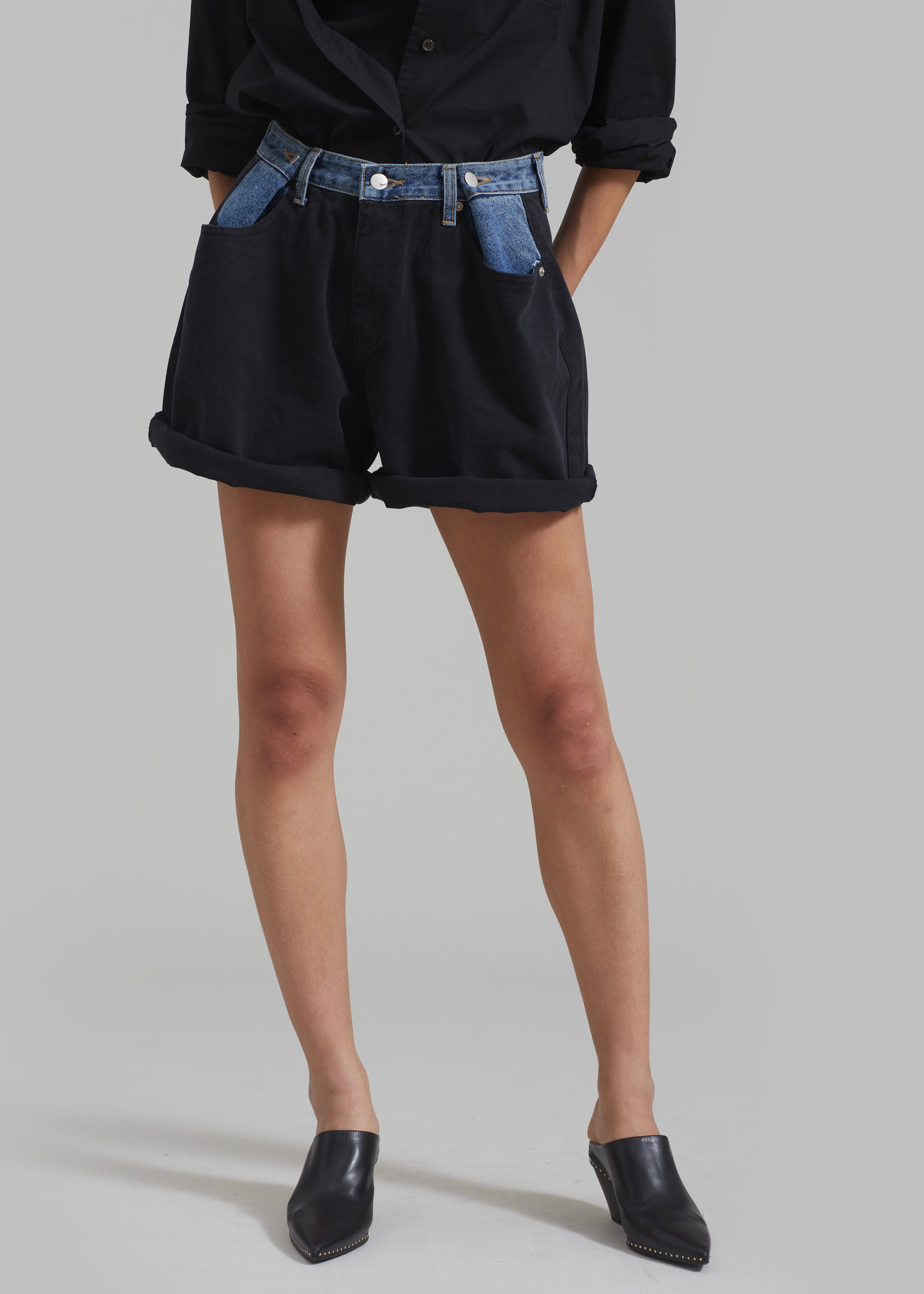 Hayla Contrast Denim Shorts - Black/Blue