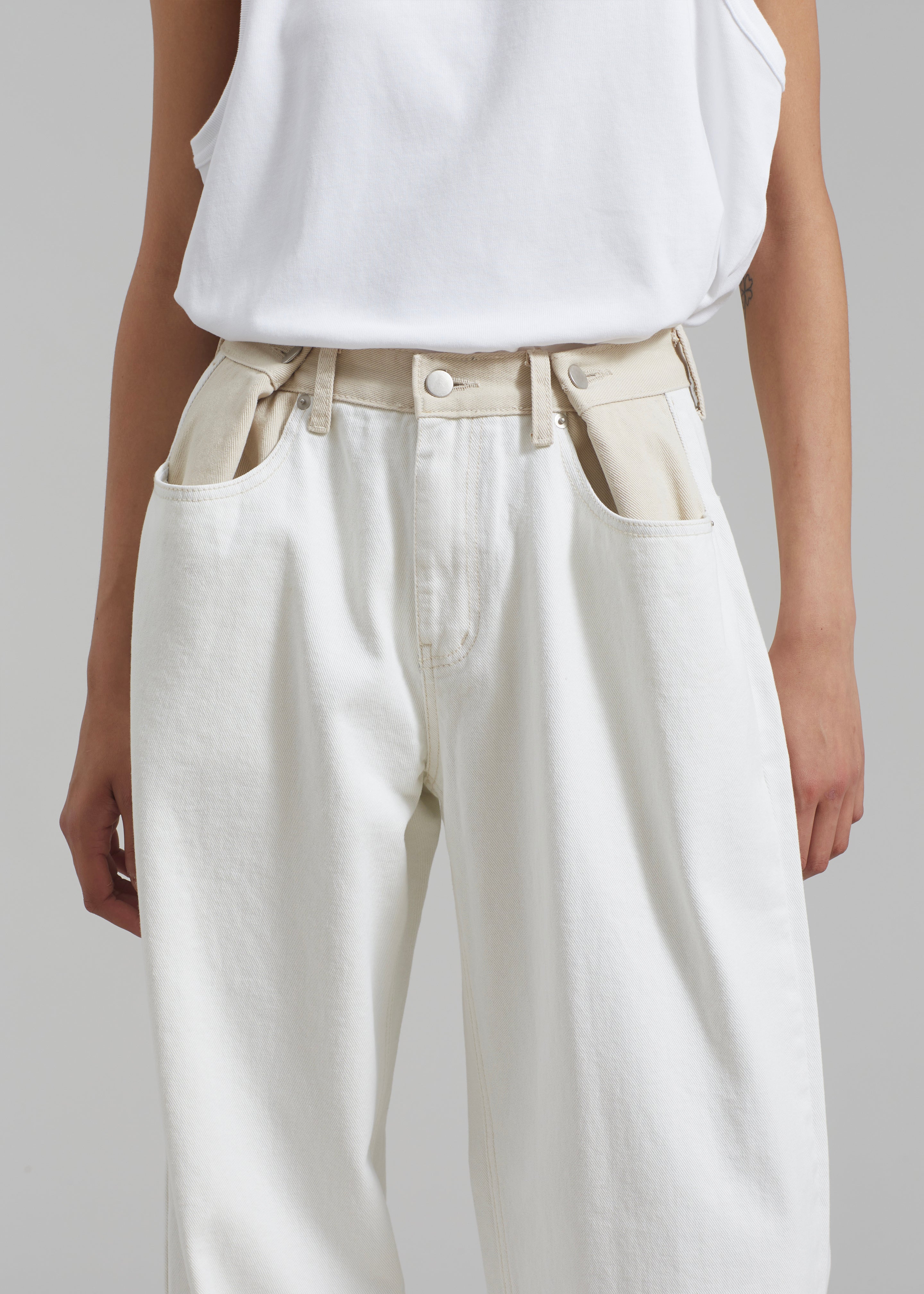 Hayla Contrast Denim Pants - Off White/Beige - 2