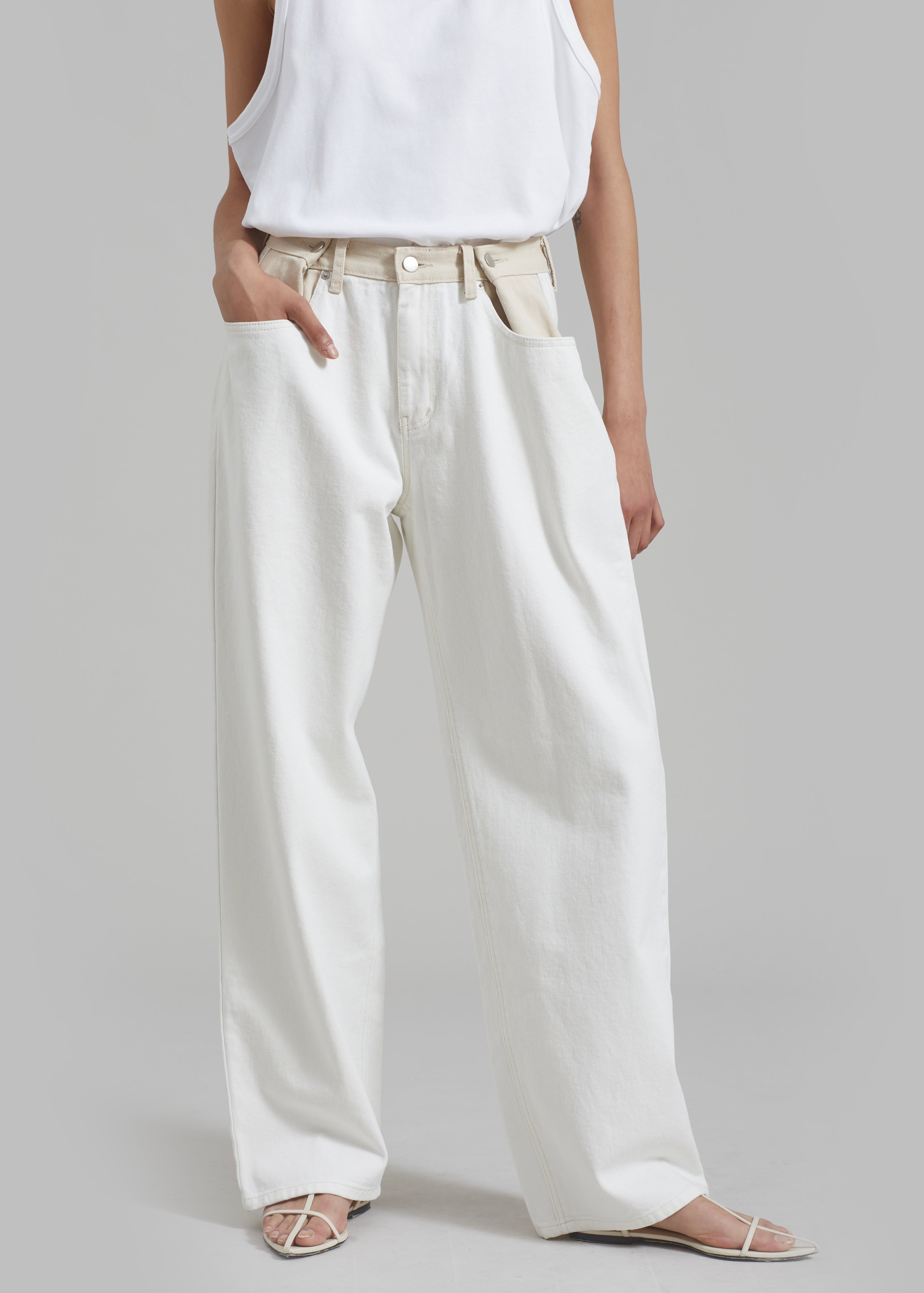 Hayla Contrast Denim Pants - Off White/Beige - 3