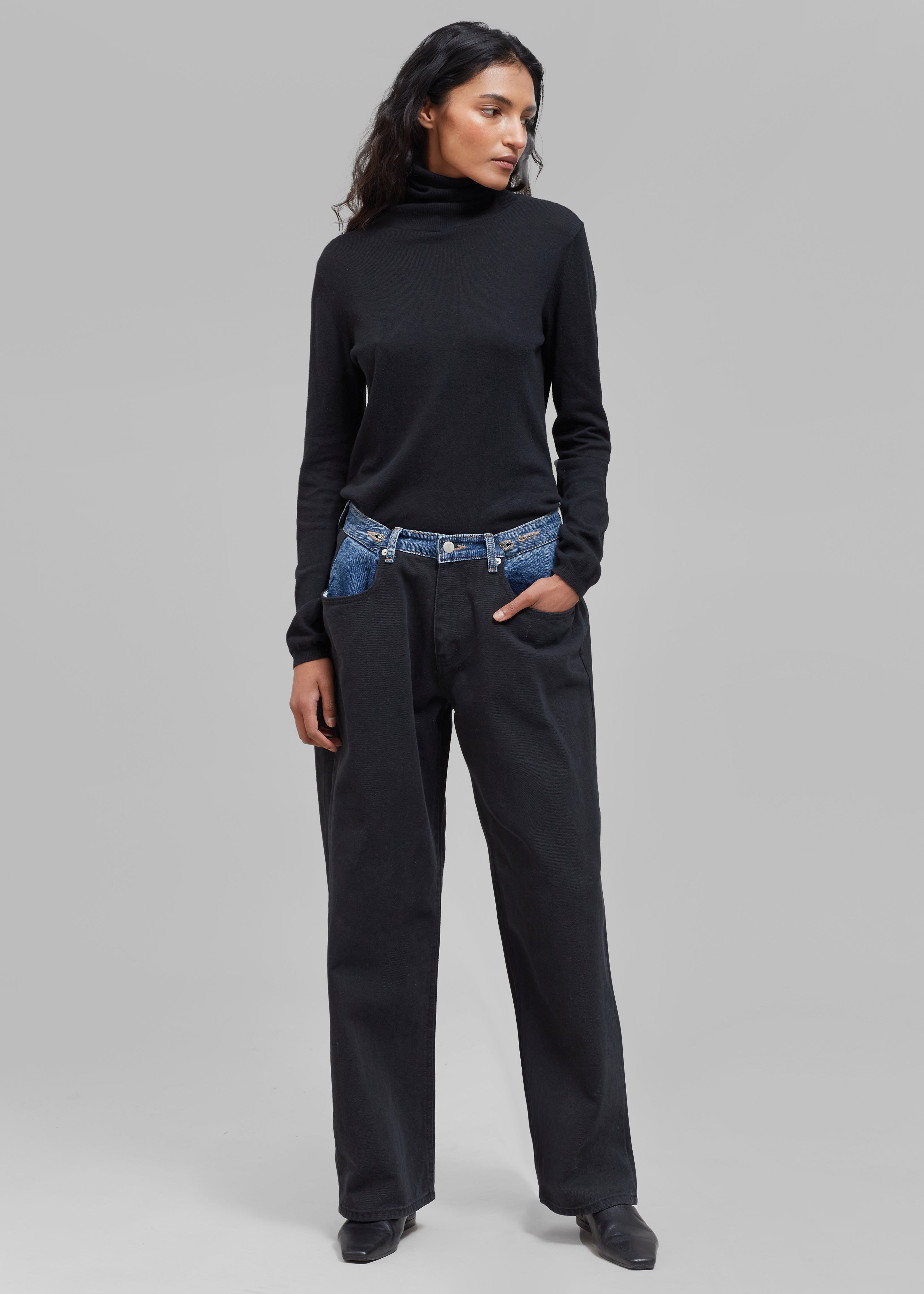 Hayla Contrast Denim Pants - Black/Blue