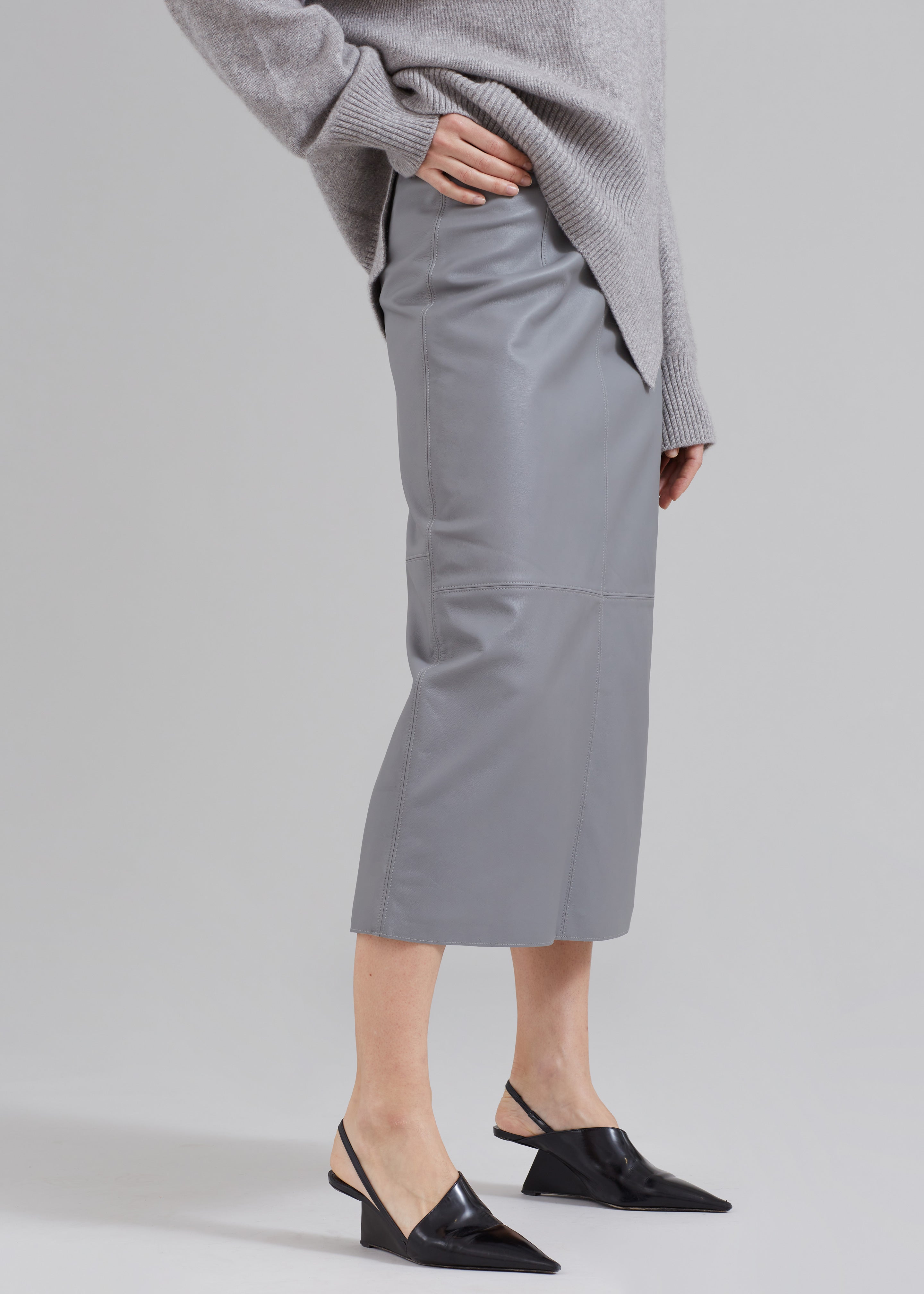 Heather Leather Pencil Skirt - Grey - 1