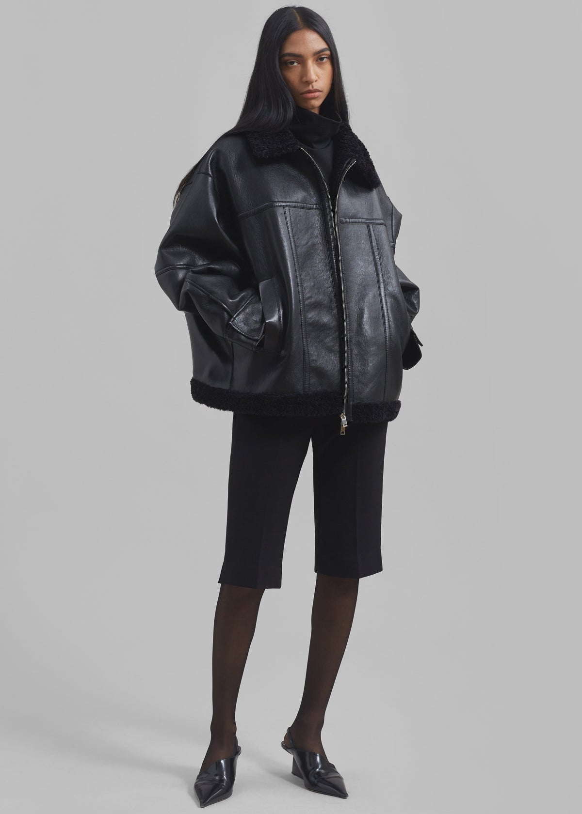 Ivanka Faux Leather Shearling Jacket - Black - 7