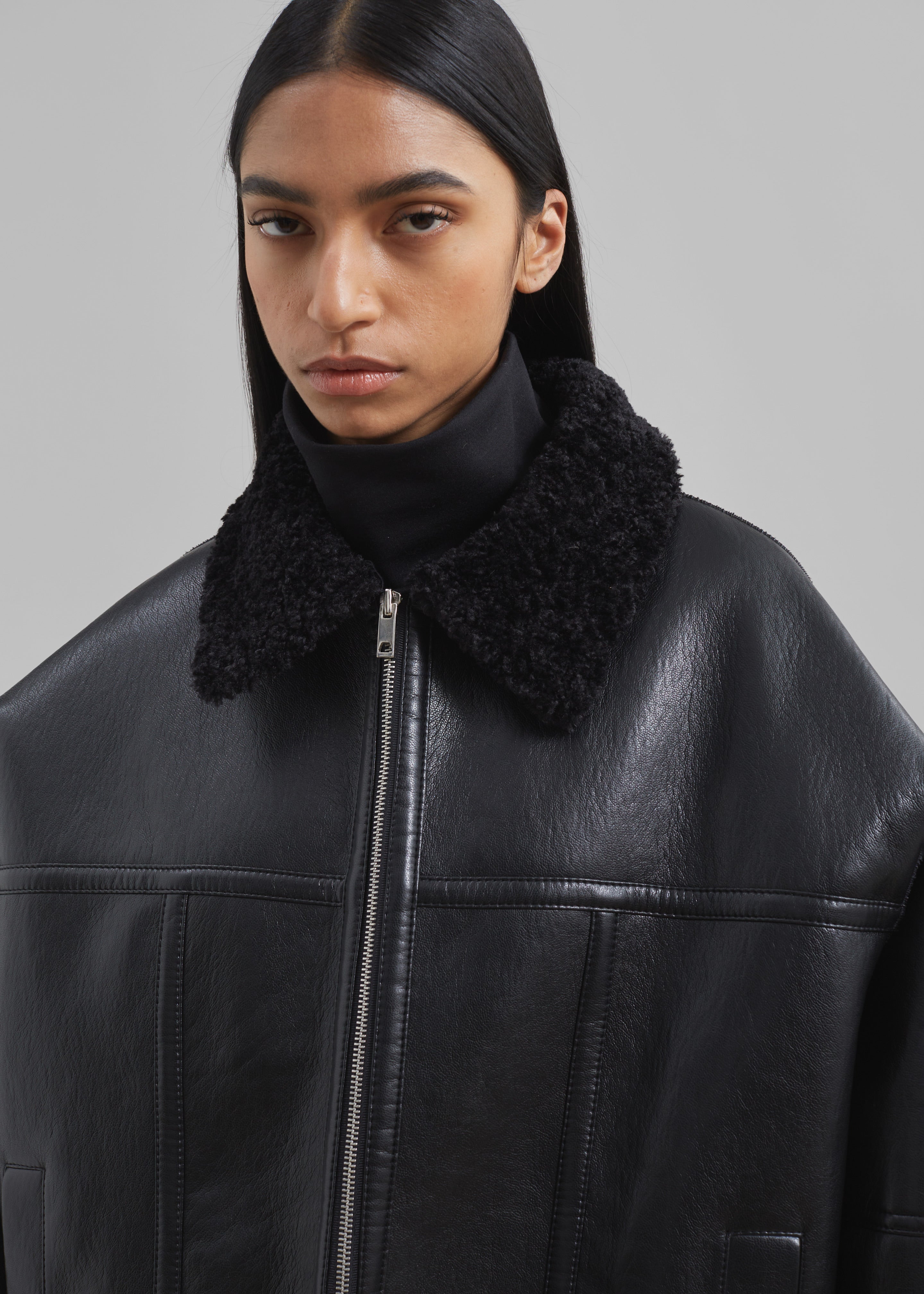 Ivanka Faux Leather Shearling Jacket - Black - 3