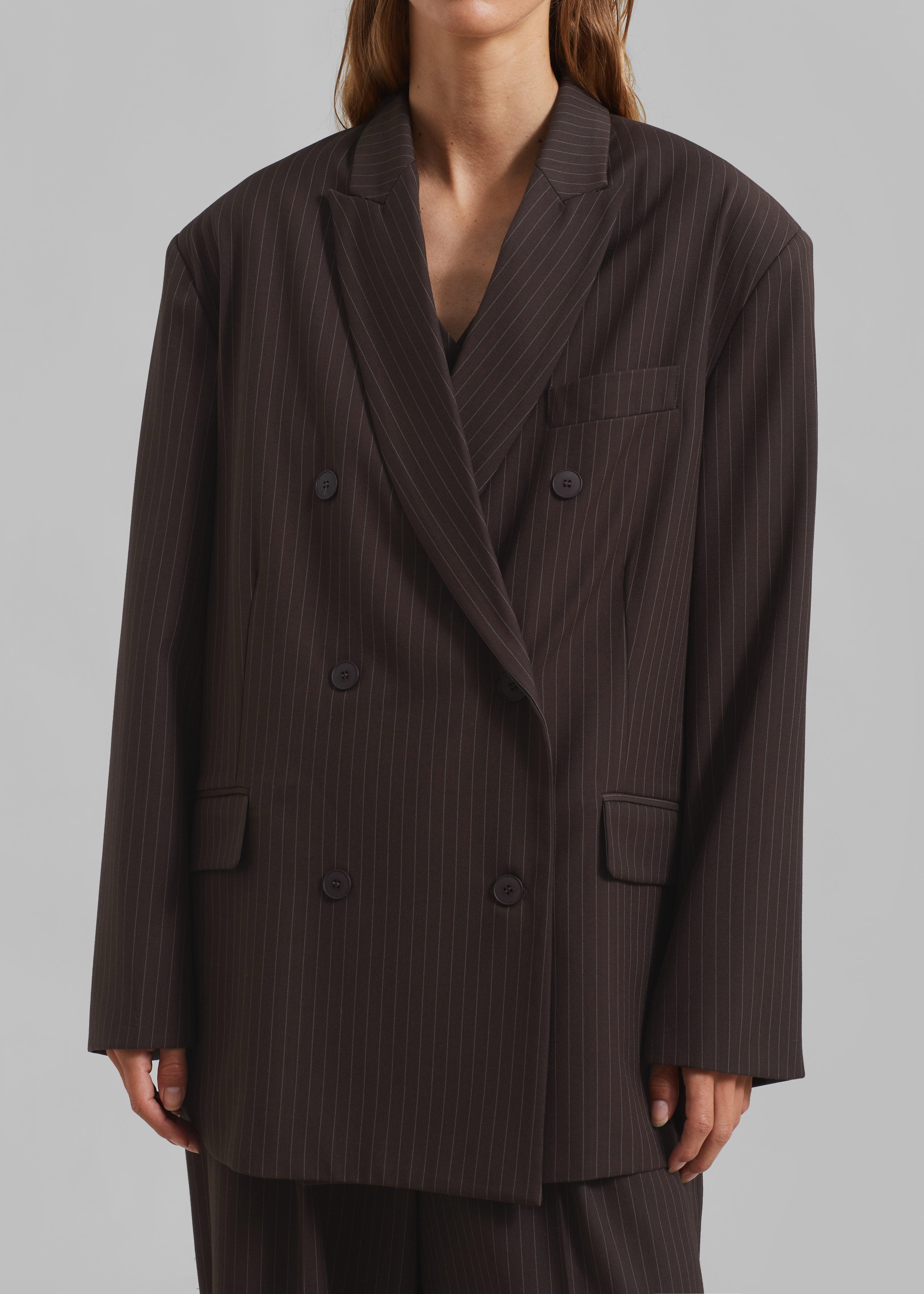 Ivey Double Breasted Blazer - Brown/White Pinstripe - 6