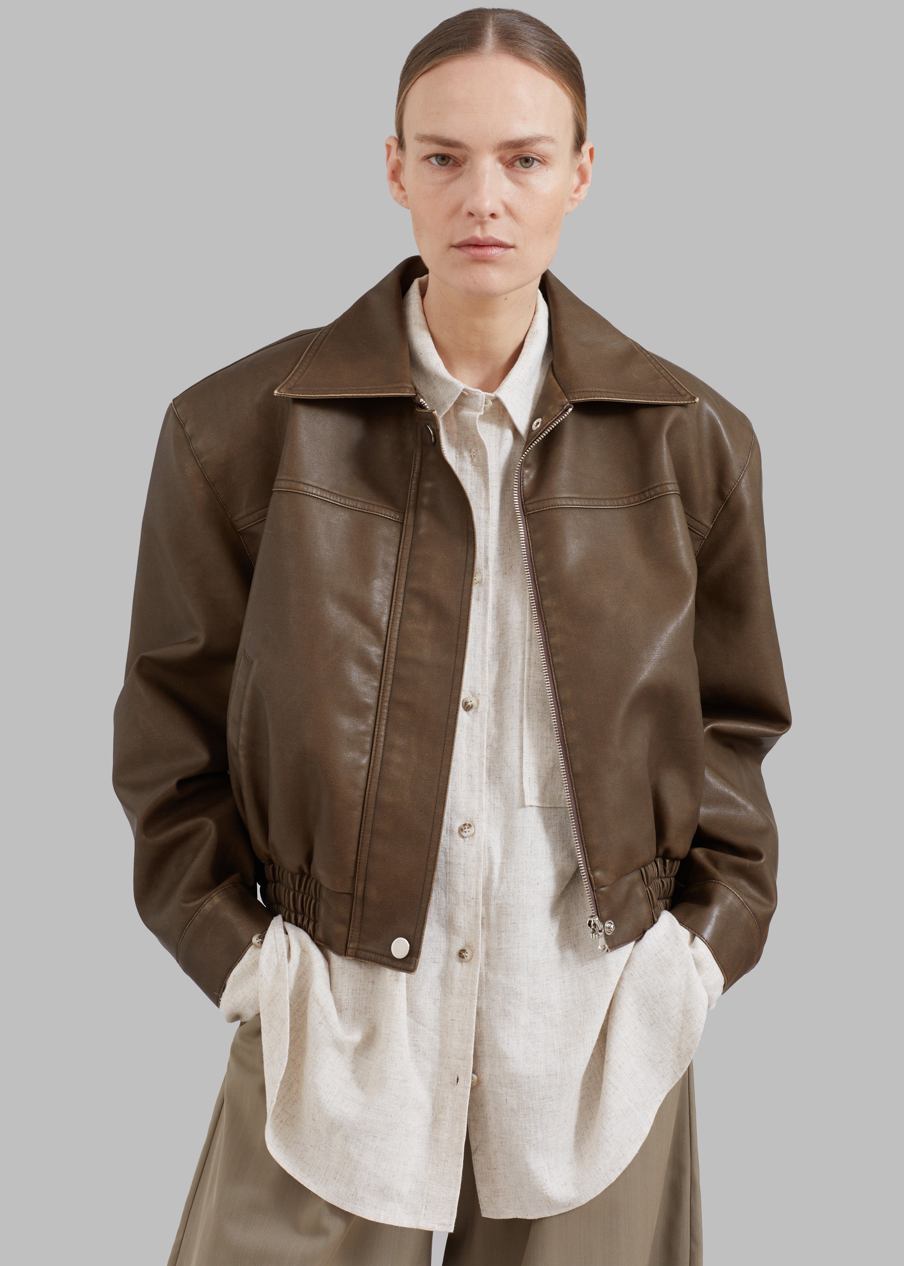 Jaden Faux Leather Bomber - Brown - 3