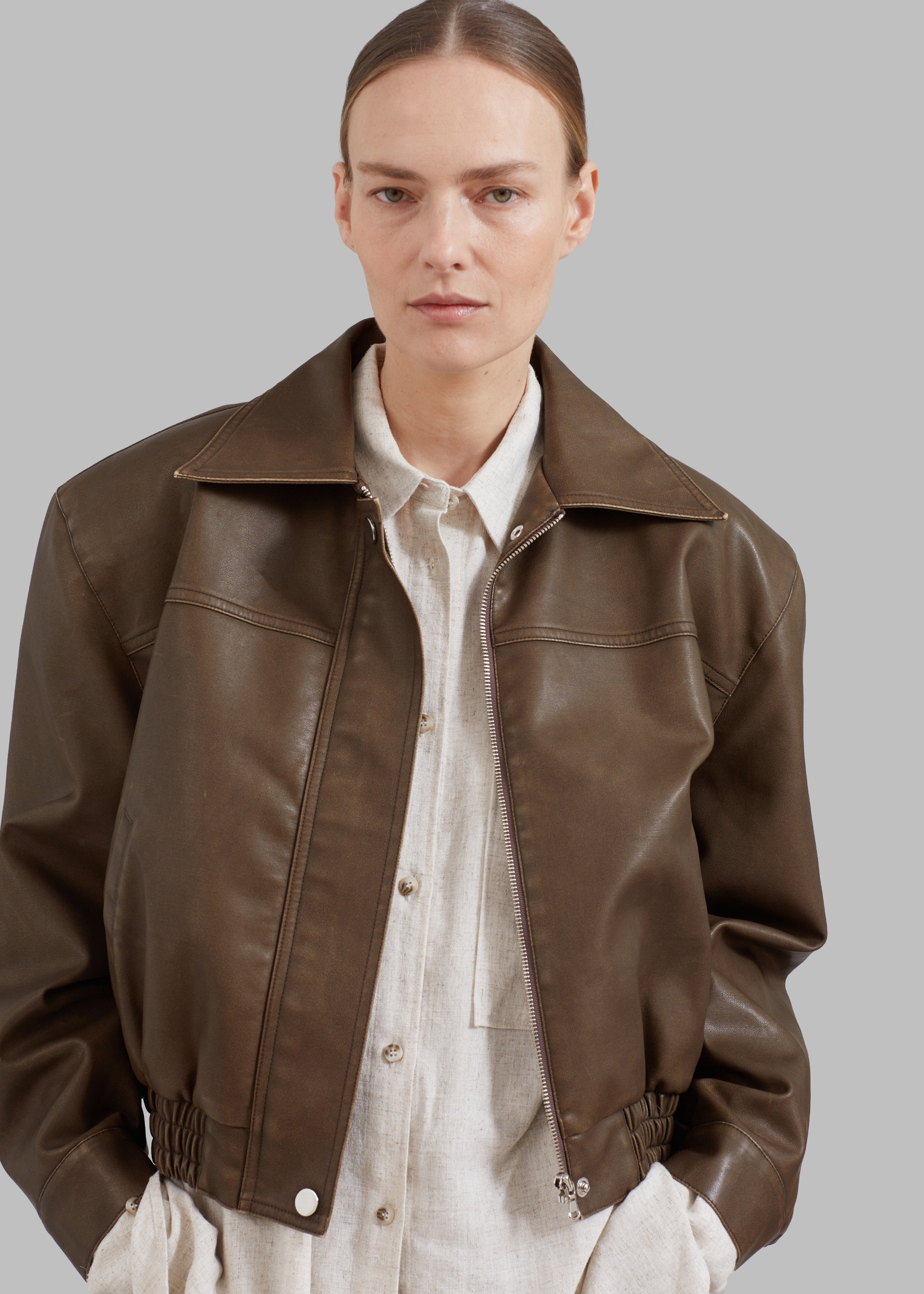 Jaden Faux Leather Bomber - Brown - 7