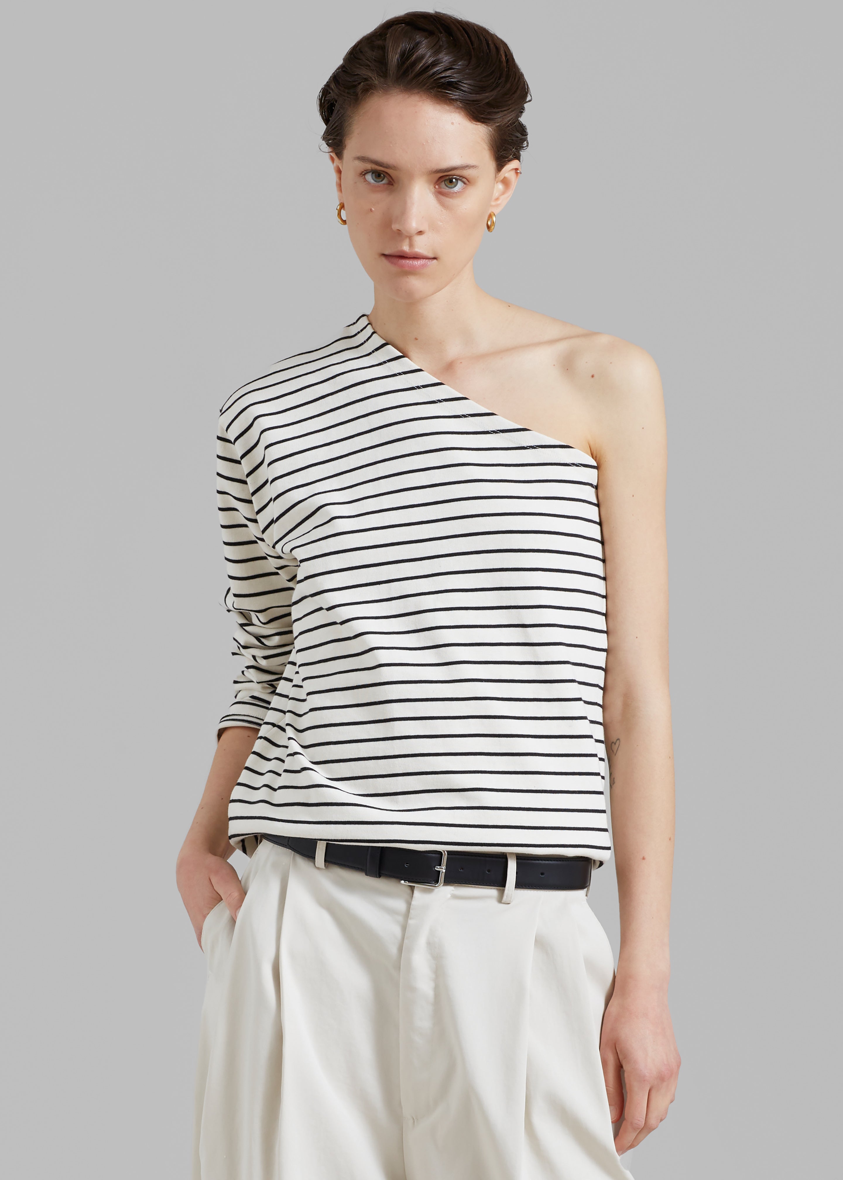 Jean One Shoulder Top - Black Stripe - 1