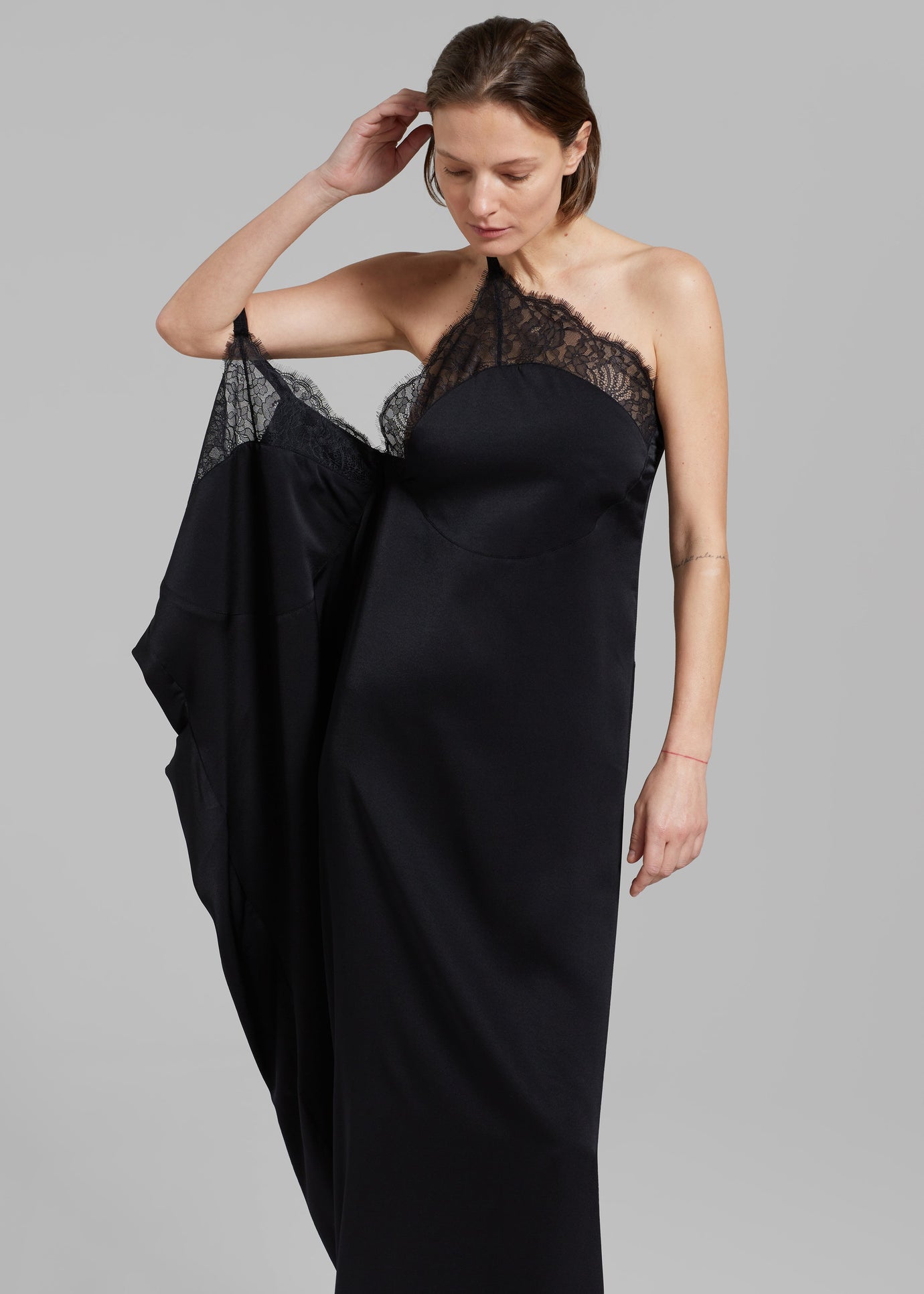 JW Anderson One Shoulder Asymmetric Lace Slip Dress - Black - 1