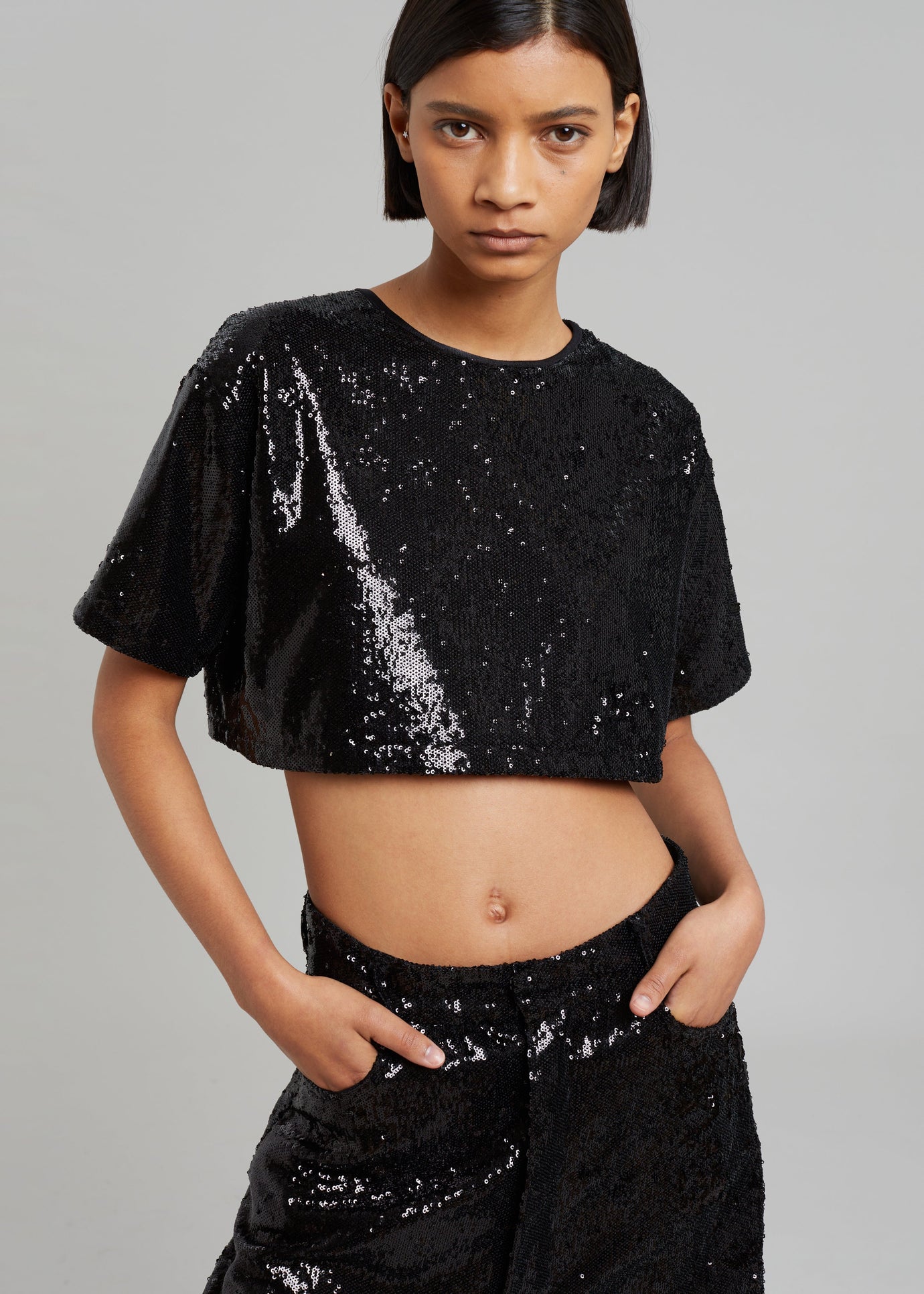 Jerry Cropped T-Shirt - Black Sequins - 1