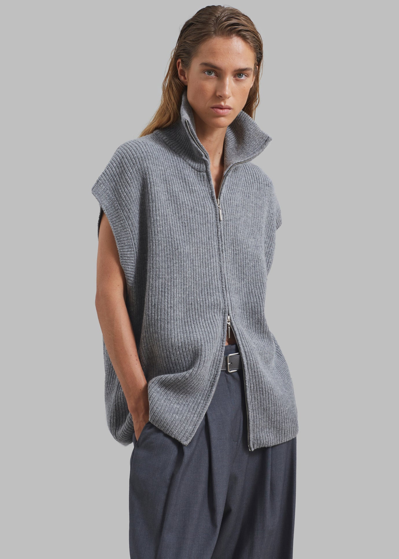 Kellan Wool Blend Sleeveless Zip Turtleneck - Grey