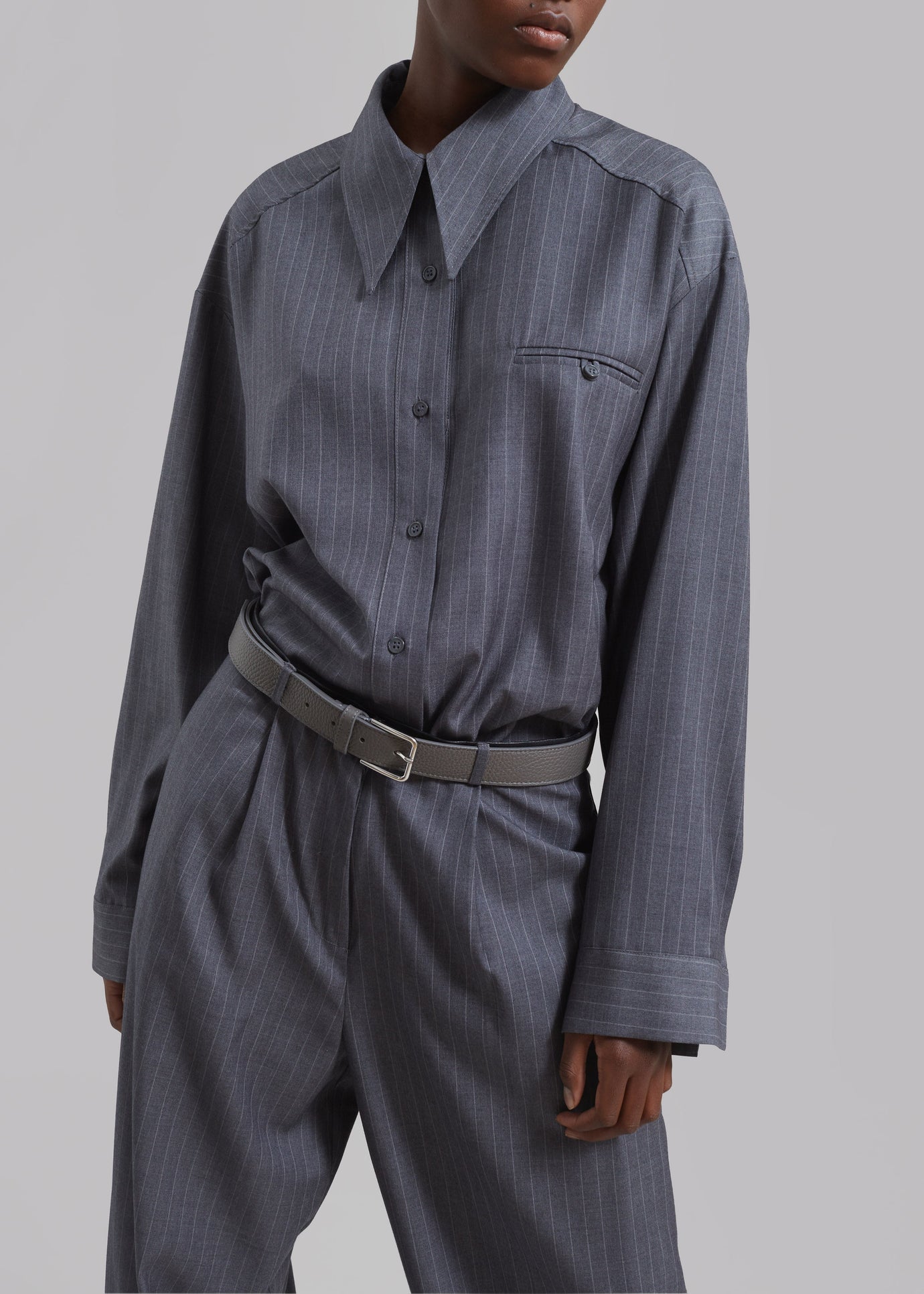 Kerry Button Up Shirt - Grey Pinstripe - 1