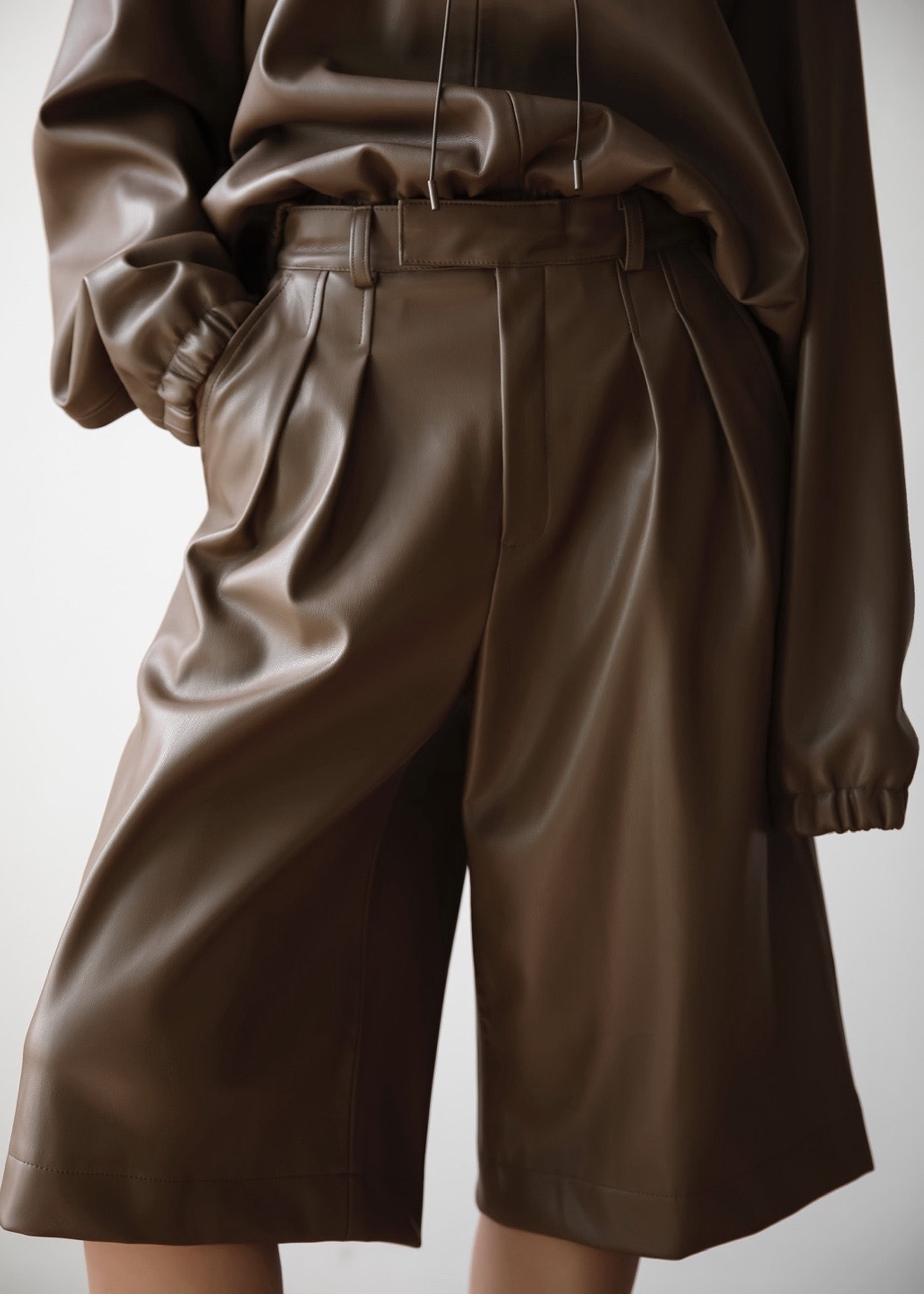 Kerang Faux Leather Bermuda Shorts - Brown - 4