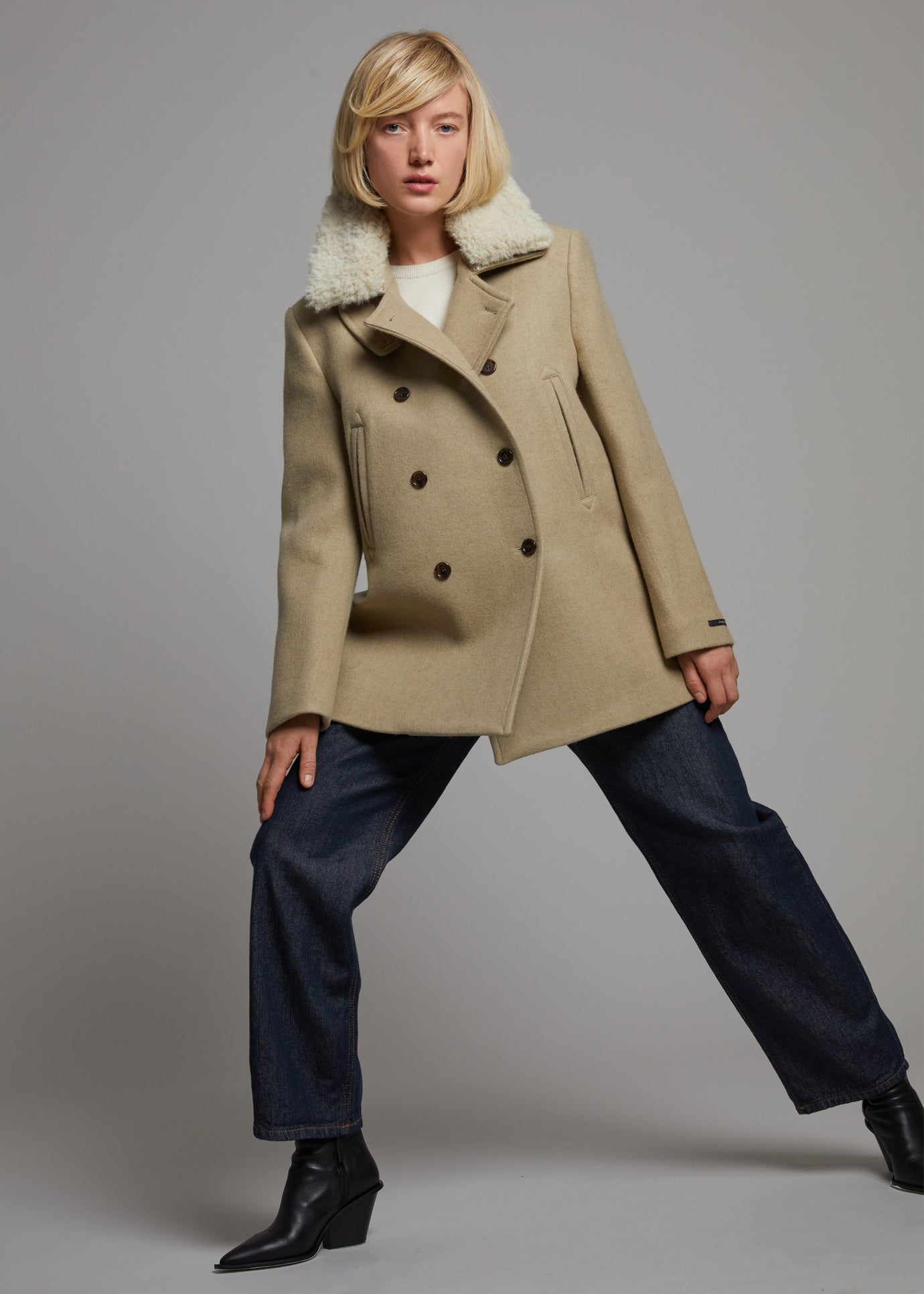 Kimmo Faux Fur Collar Peacoat - Beige - 1