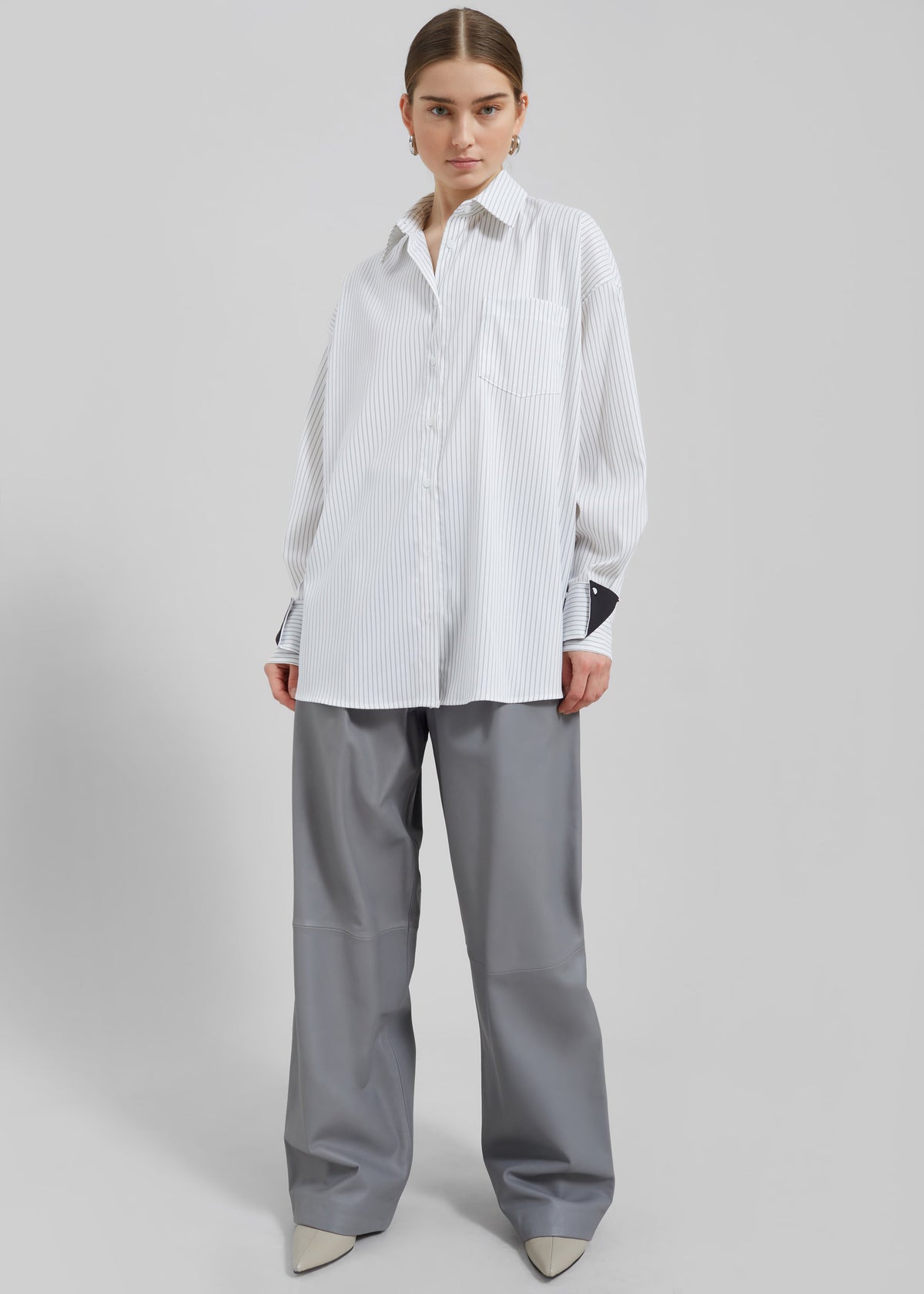 Leona Button Up Shirt - White/Grey Stripe - 3