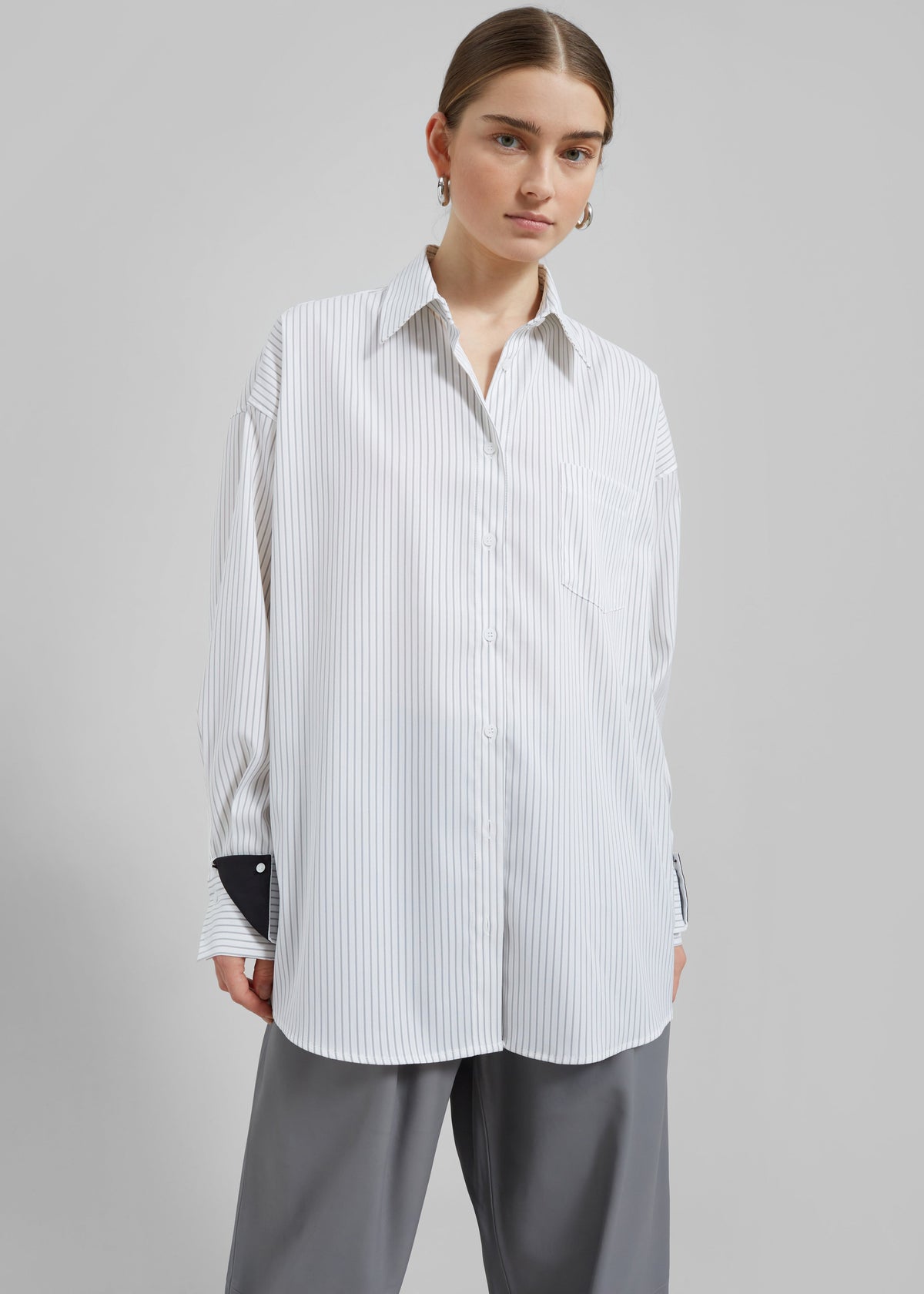 Leona Button Up Shirt - White/Grey Stripe - 6