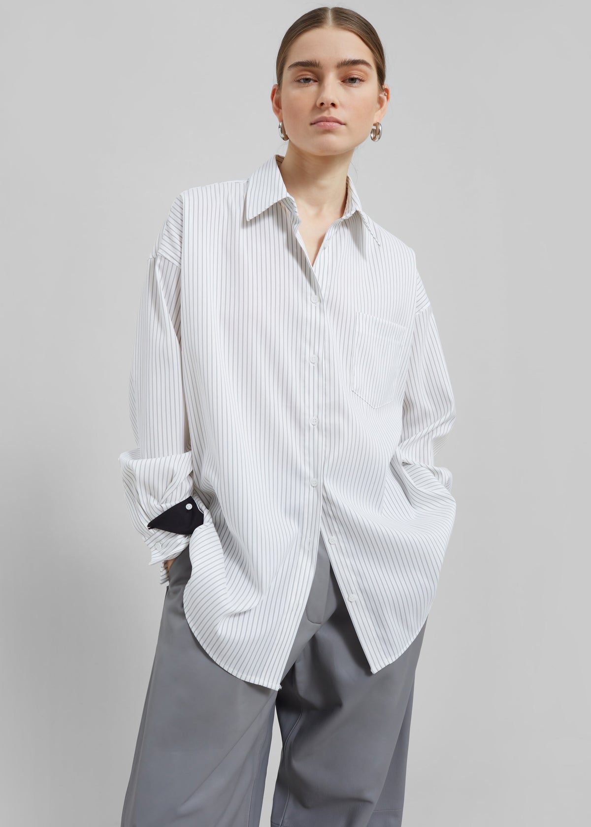 Leona Button Up Shirt - White/Grey Stripe - 4