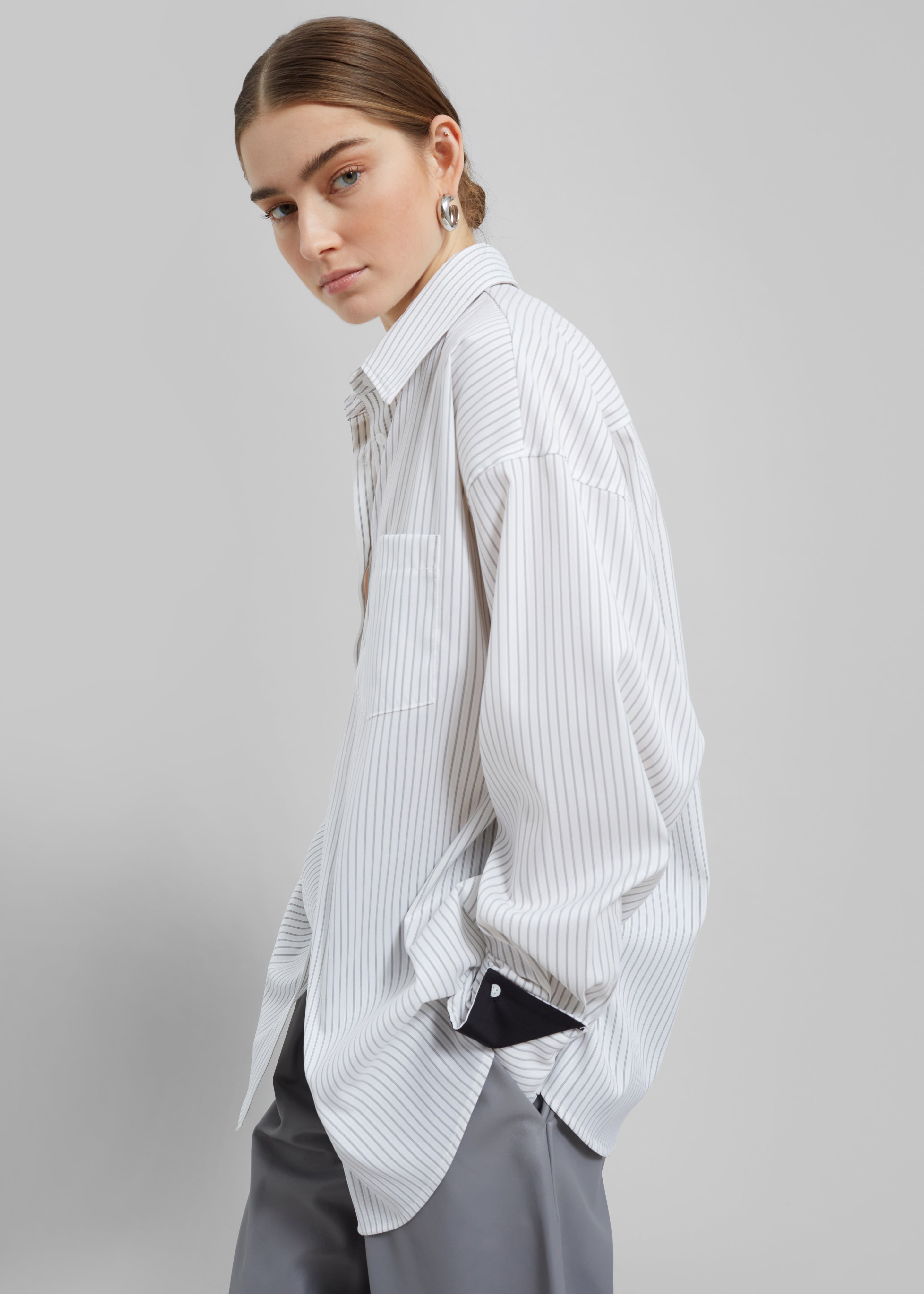 Leona Button Up Shirt - White/Grey Stripe - 8