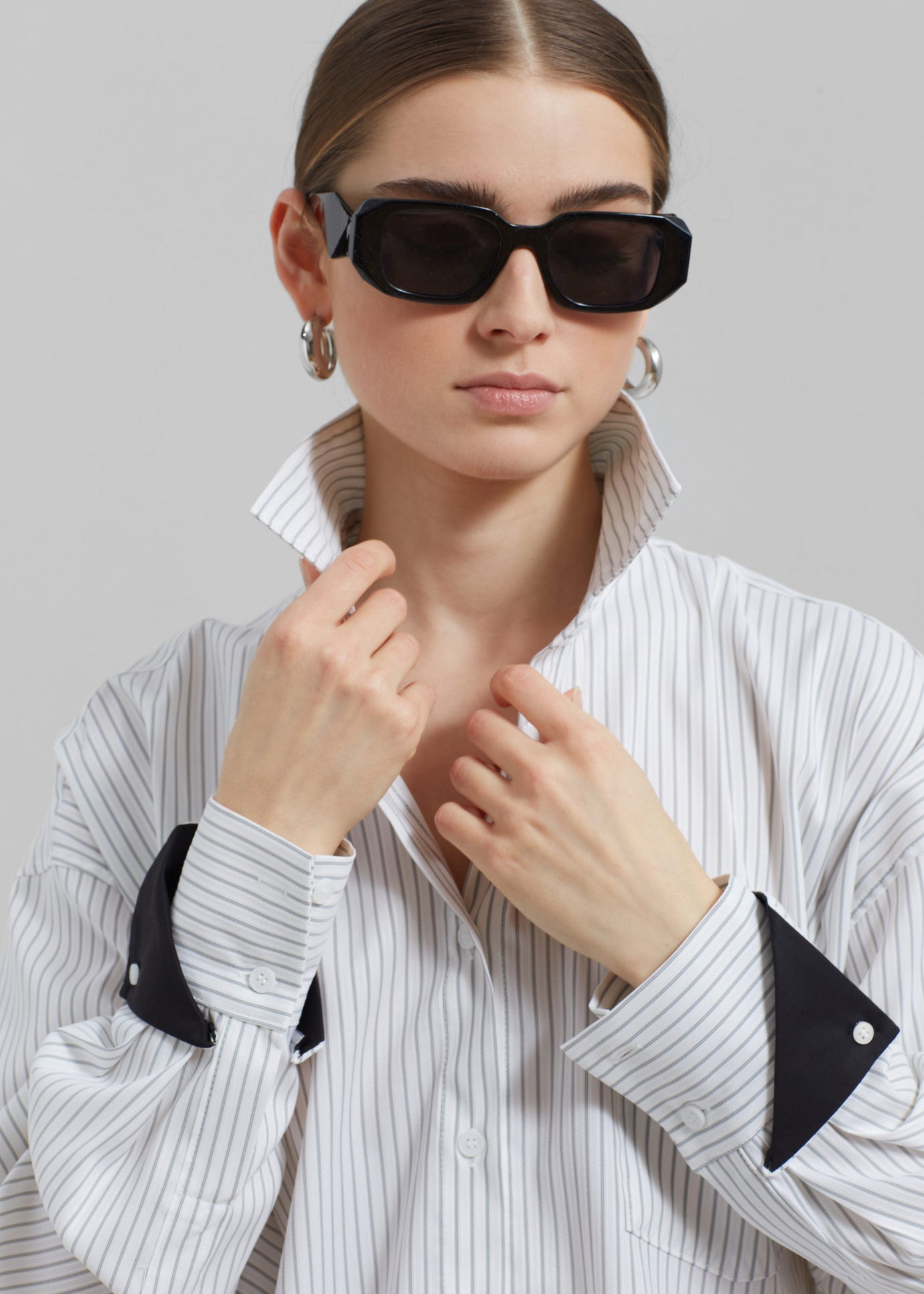 Leona Button Up Shirt - White/Grey Stripe - 1