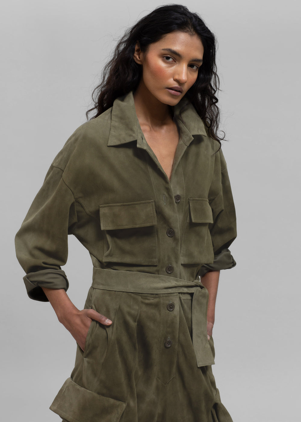 Linda Suede Jumpsuit - Olive - 1