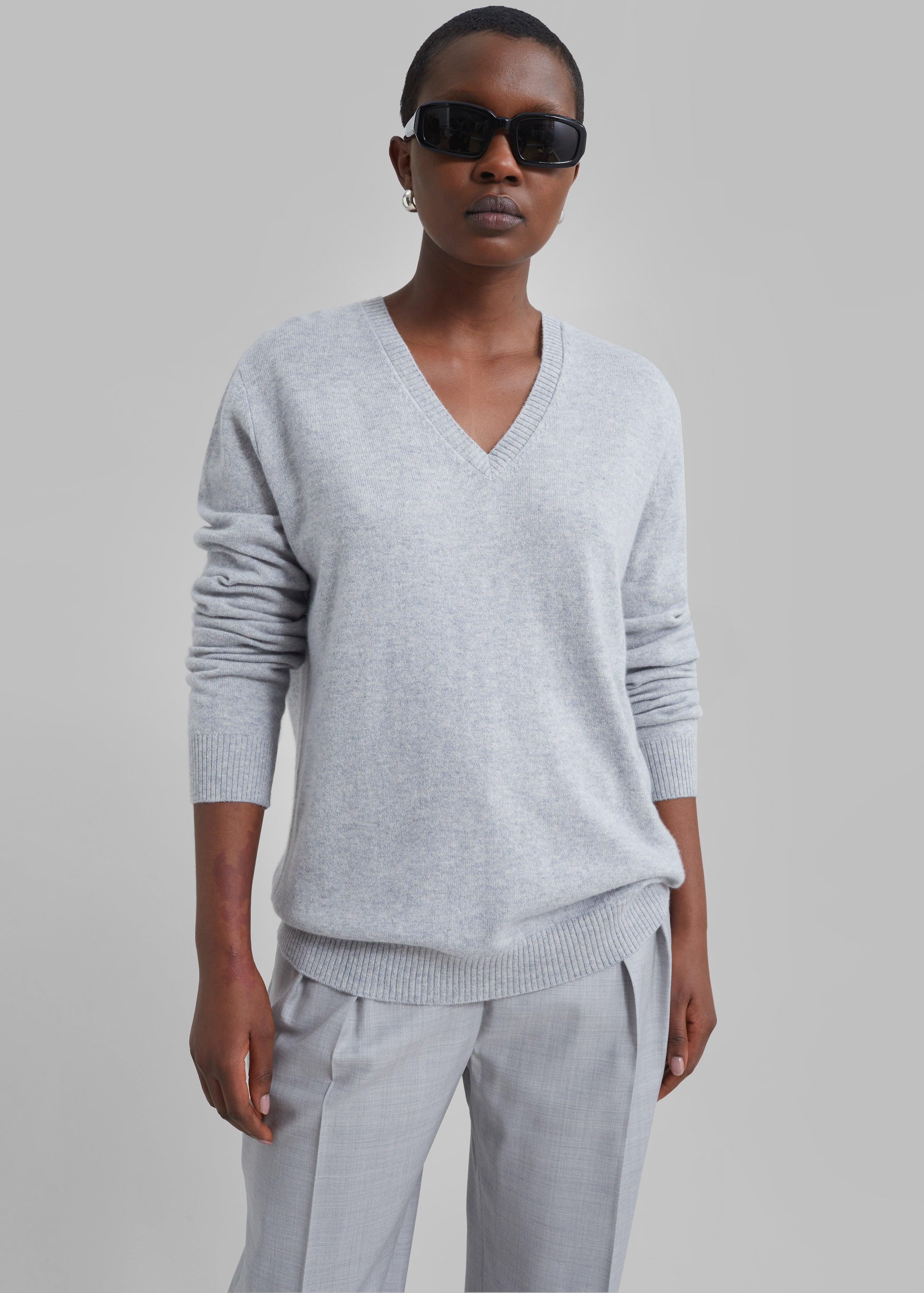 Loulou Studio Serafini V Neck Cashmere Sweater - Grey Melange - 7