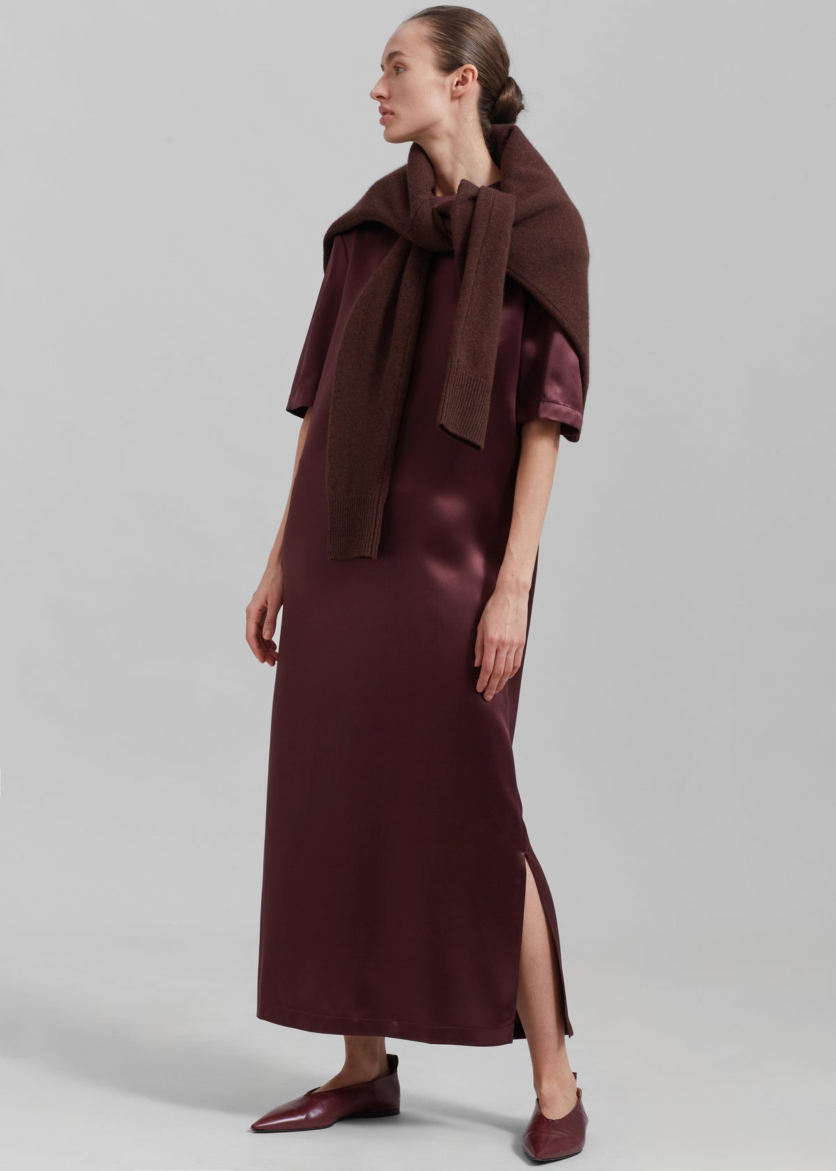 Loulou Studio Tuga Satin T-Shirt Dress - Midnight Bordeaux - 1