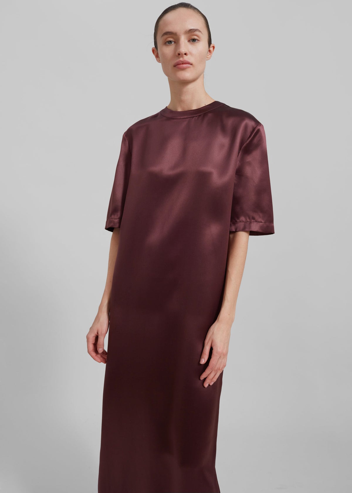 Loulou Studio Tuga Satin T-Shirt Dress - Midnight Bordeaux - 3