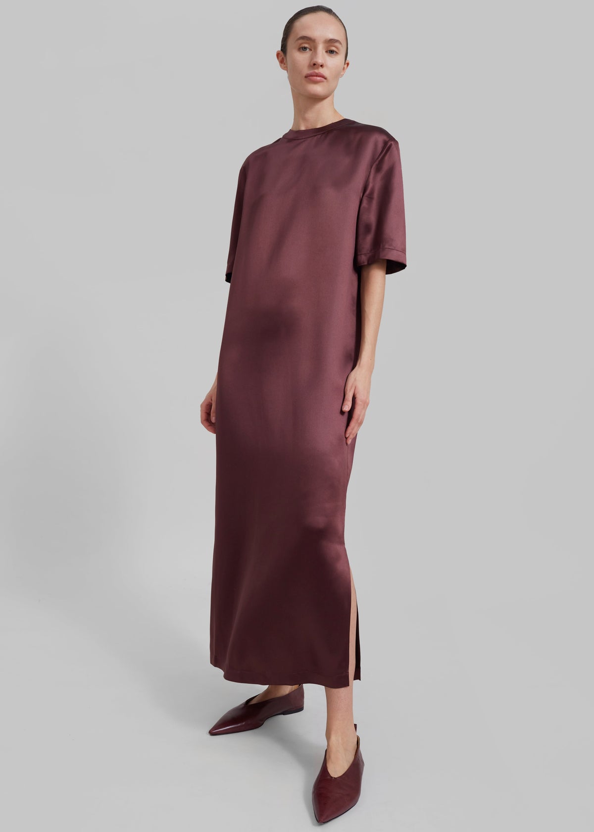 Loulou Studio Tuga Satin T-Shirt Dress - Midnight Bordeaux - 2
