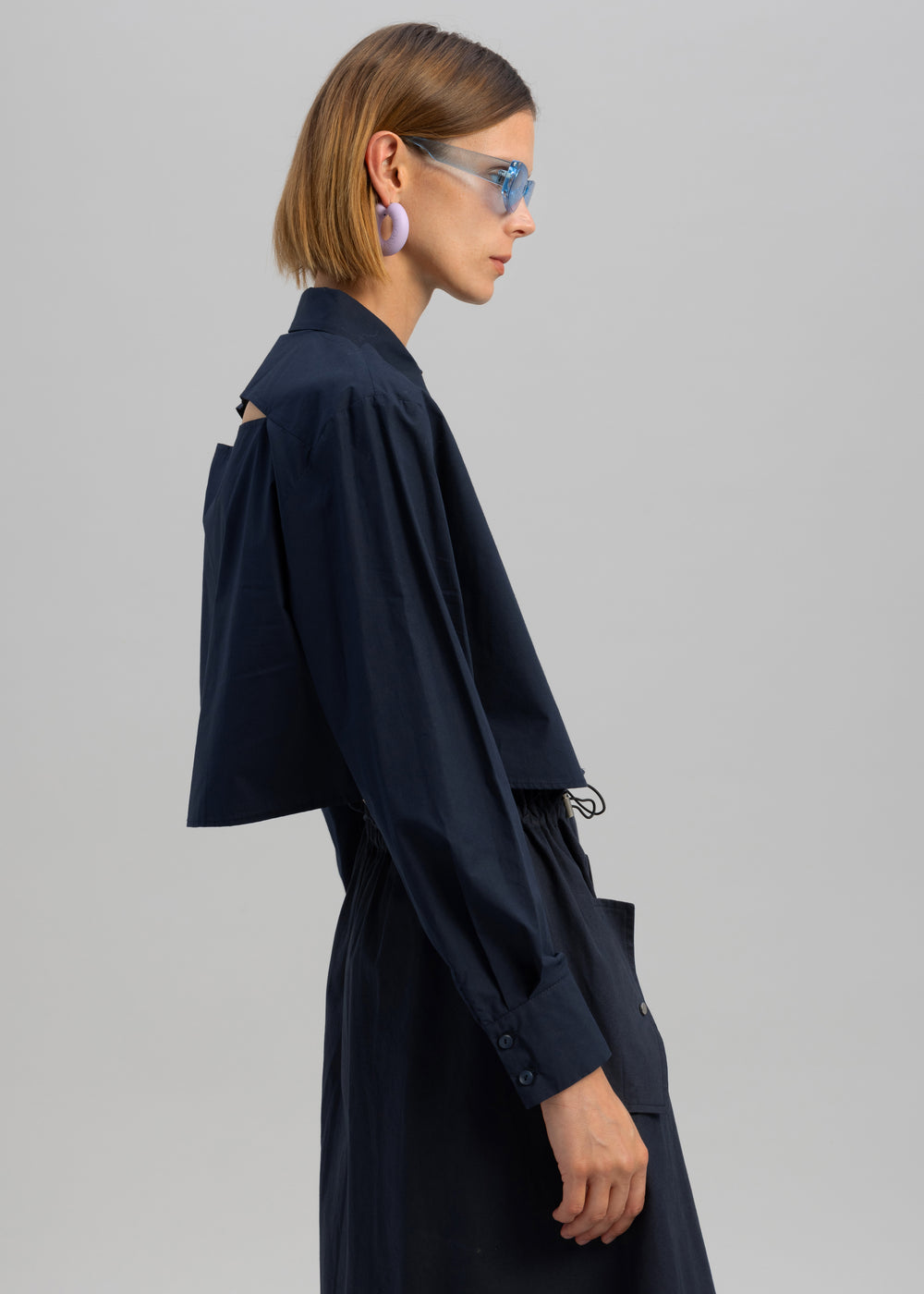 Lara Open Shoulder Cropped Shirt - Navy - 1