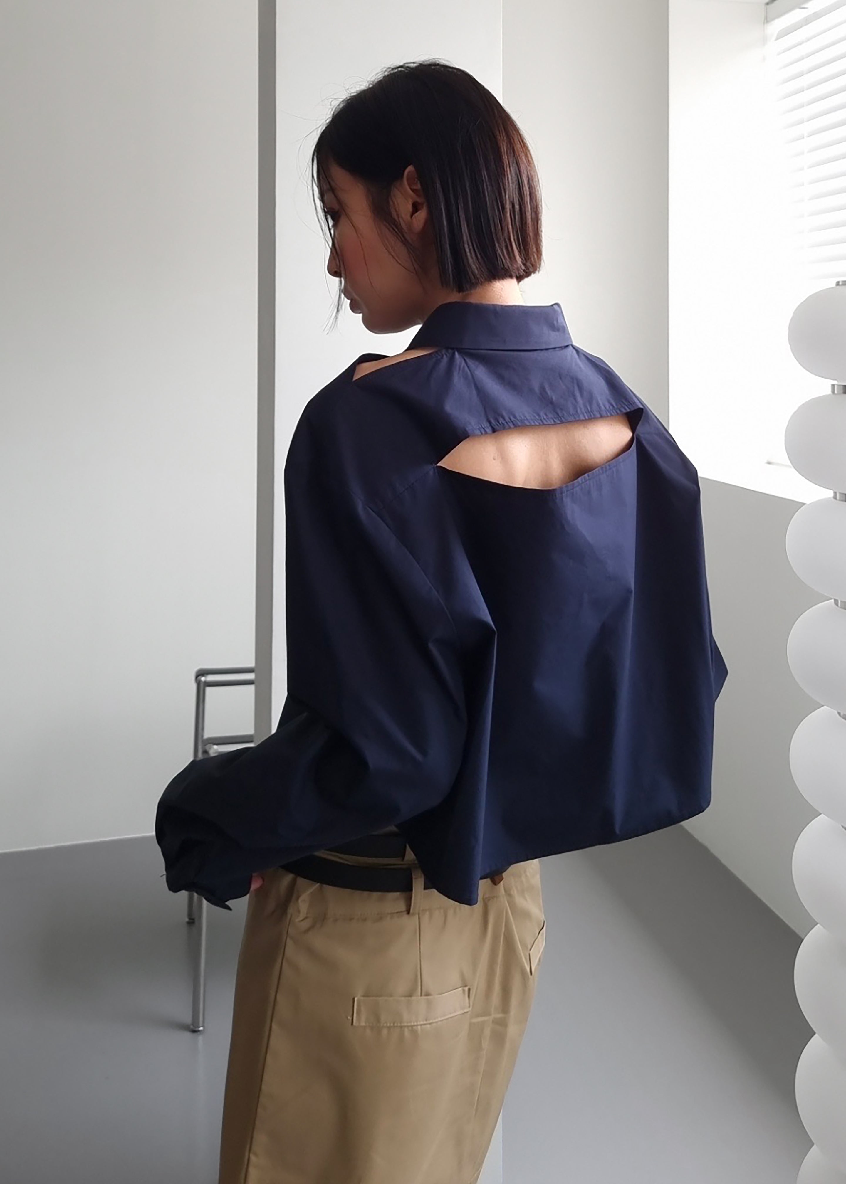 Lara Open Shoulder Cropped Shirt - Navy - 1