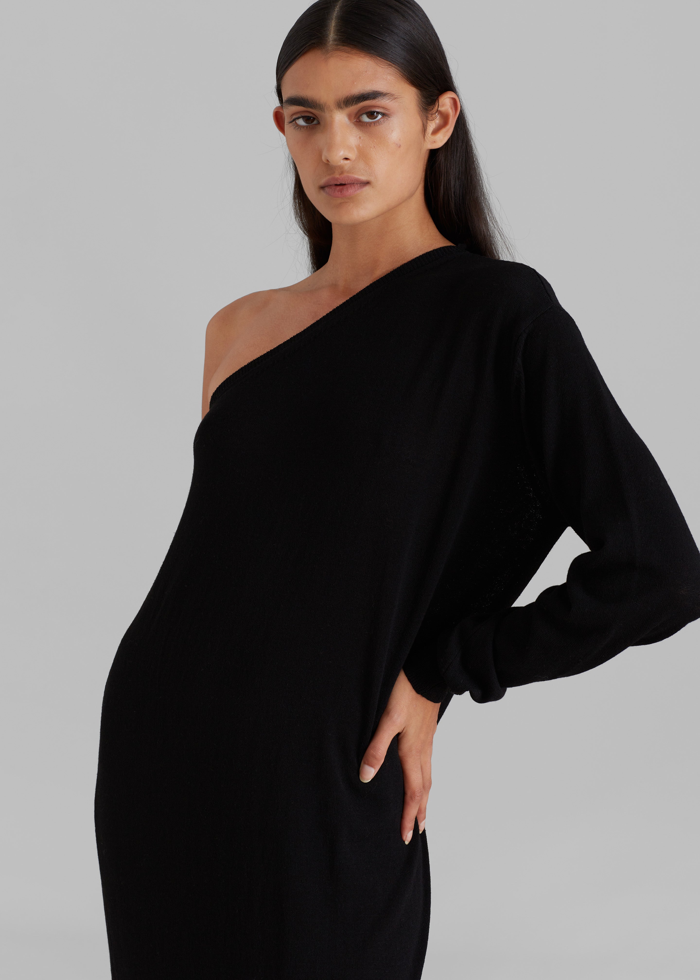Lina One Shoulder Loose Knit Dress - Black - 4