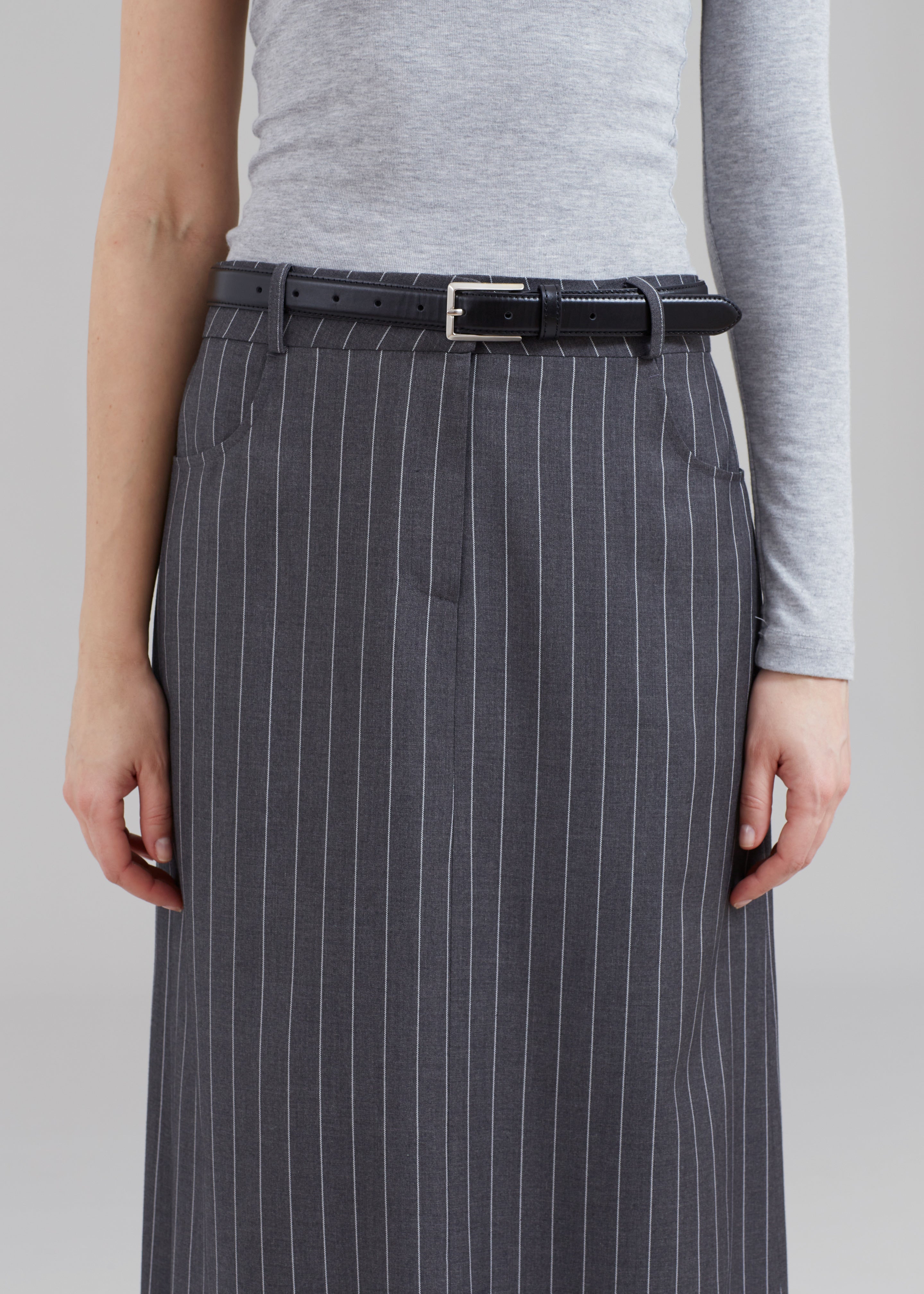 Malvo Long Pencil Skirt - Grey Pinstripe - 3