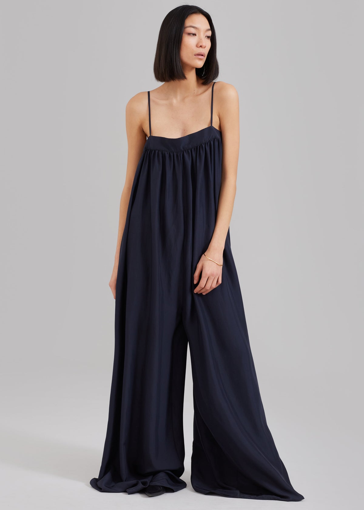 Maude Gathered Silk Jumpsuit - Navy - 1