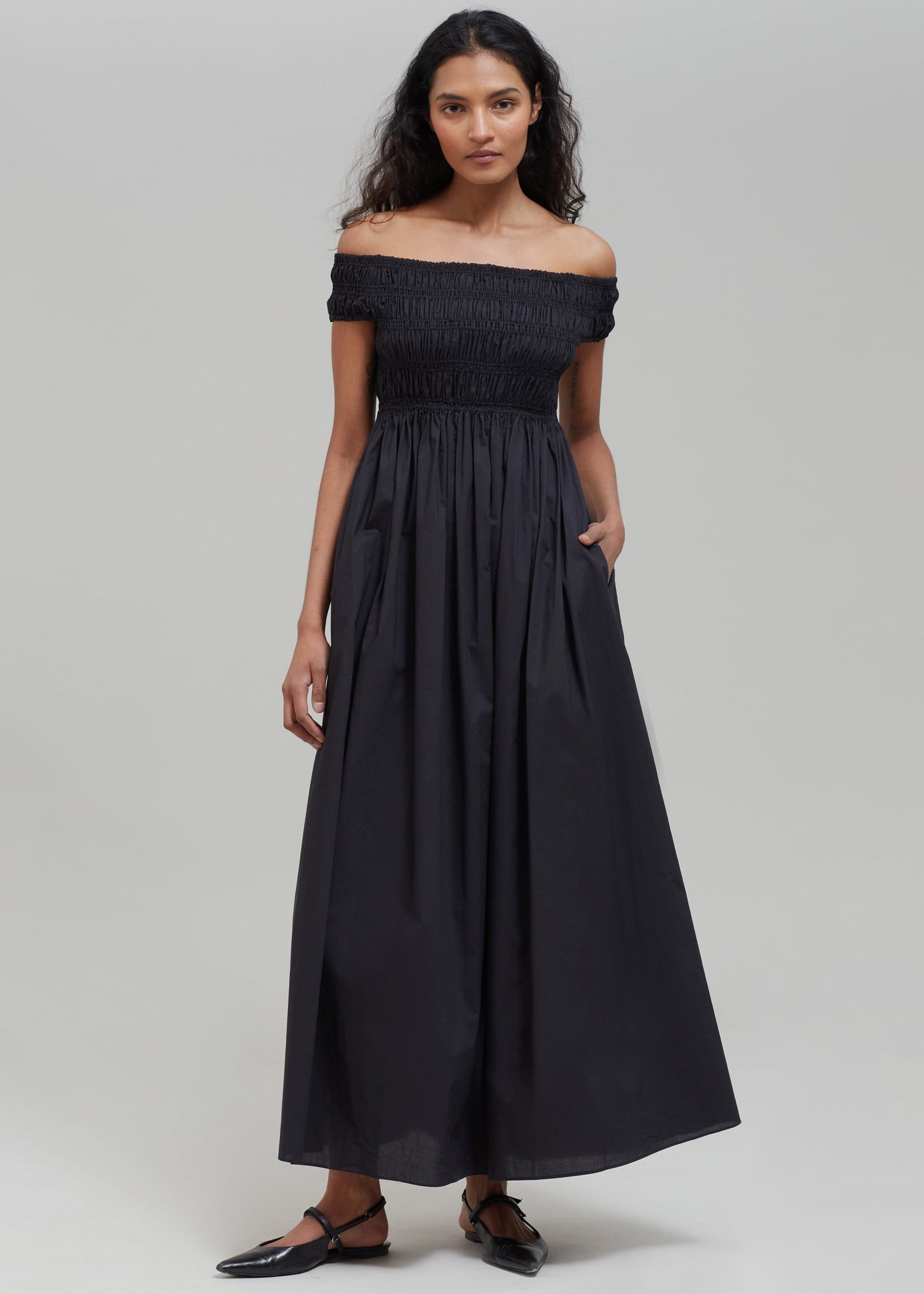 Matteau Shirred Off The Shoulder Dress - Black