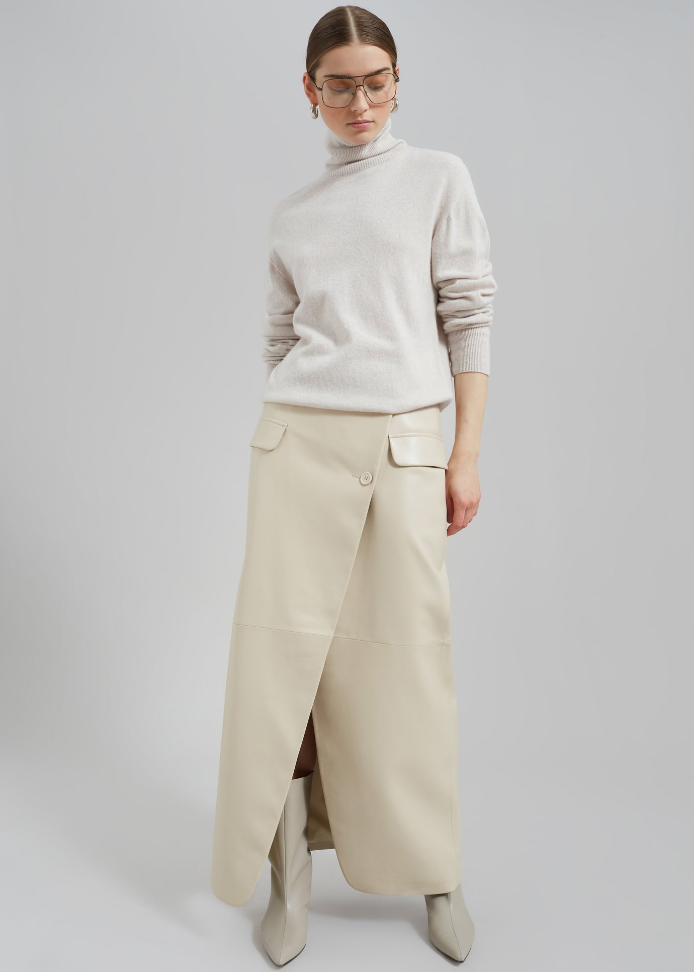 Nan Long Faux Leather Cross Skirt - Mastic - 1