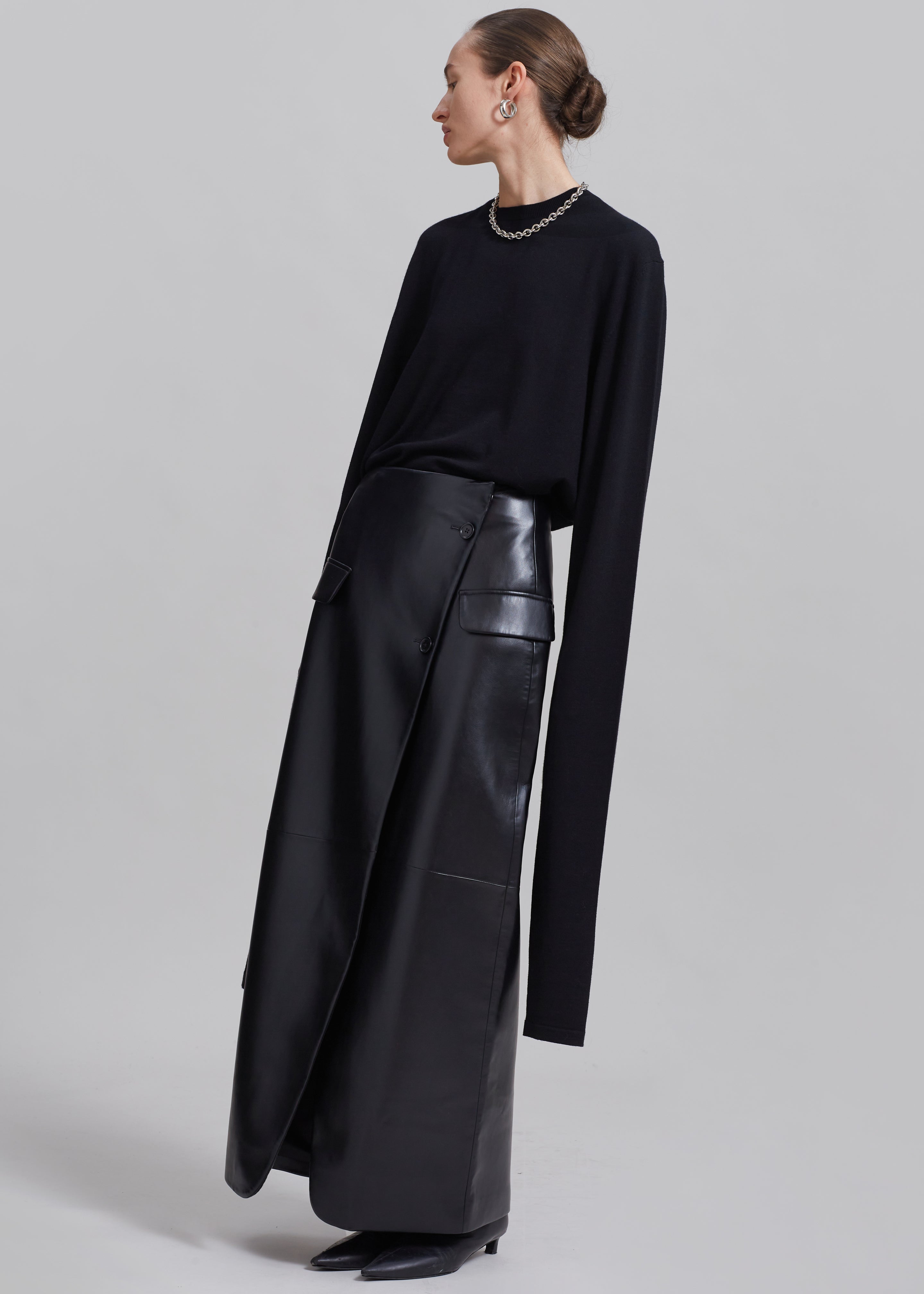 Nan Long Faux Leather Cross Skirt - Black - 4